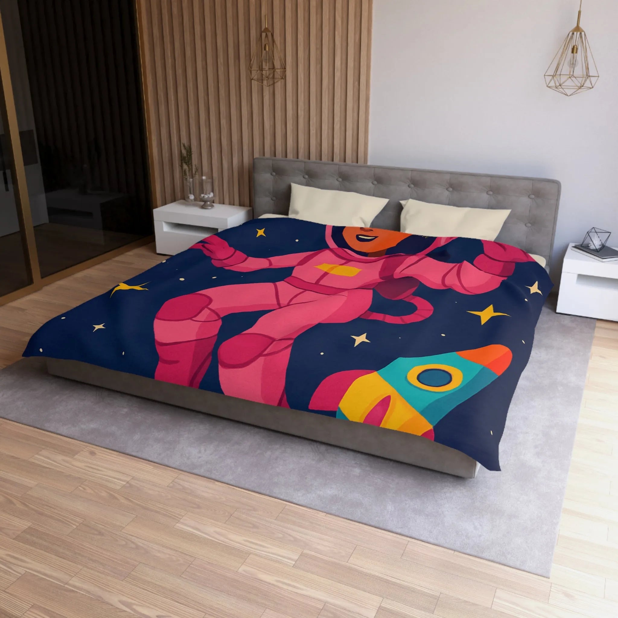 Housse de couette enfant avec astronaute rose et planètes colorées en fond spatial