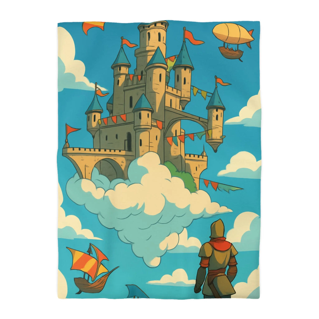 Housse de couette avec château flottant dans le ciel, style fantaisie aventure.