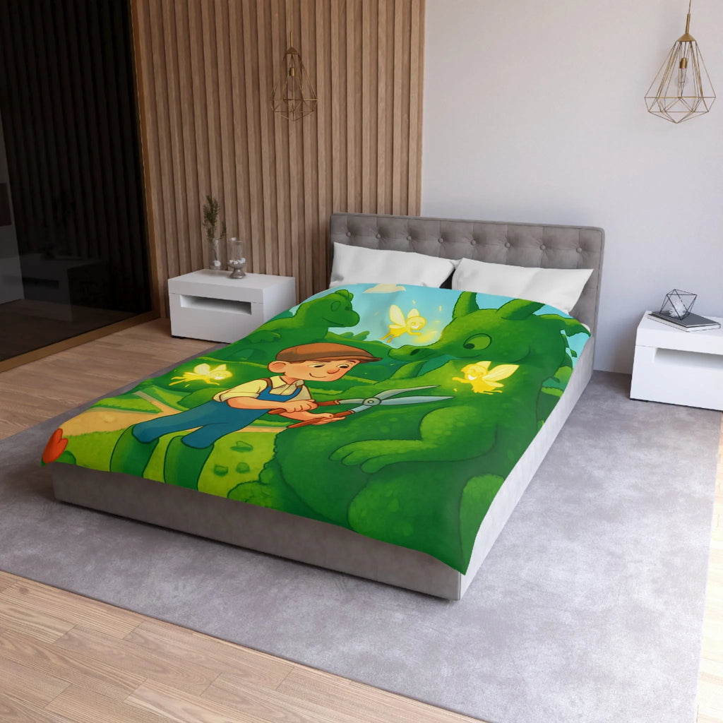 Housse de couette enfant dragon féérique avec jardin, verdure et ambiance magique naturelle