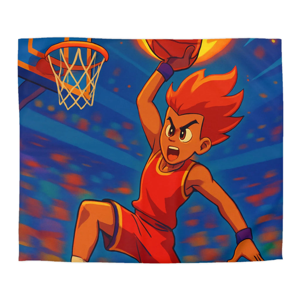 Housse de couette garçon avec joueur de basketball enflammé dans un style animé vibrant