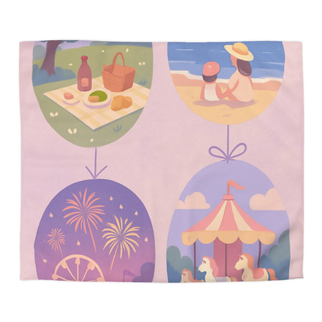 Douce Housse de Couette avec Scènes de Nature et Loisir Pastel Évoquant Sérénité