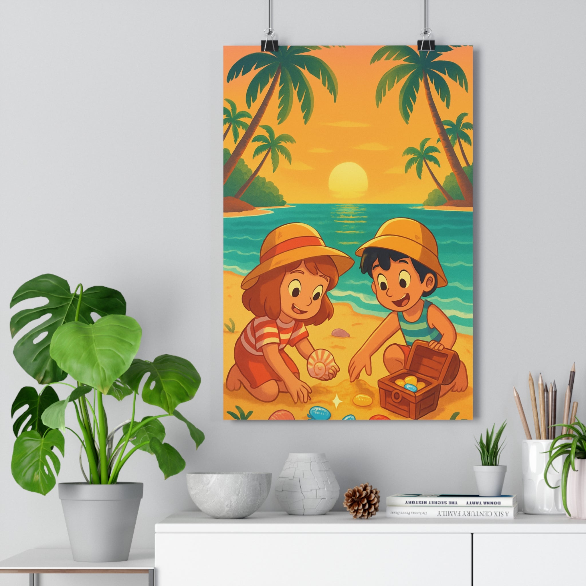 Poster décoratif rétro exotique pastel coucher soleil plage chambre enfant aventure 30x46 cm qualité