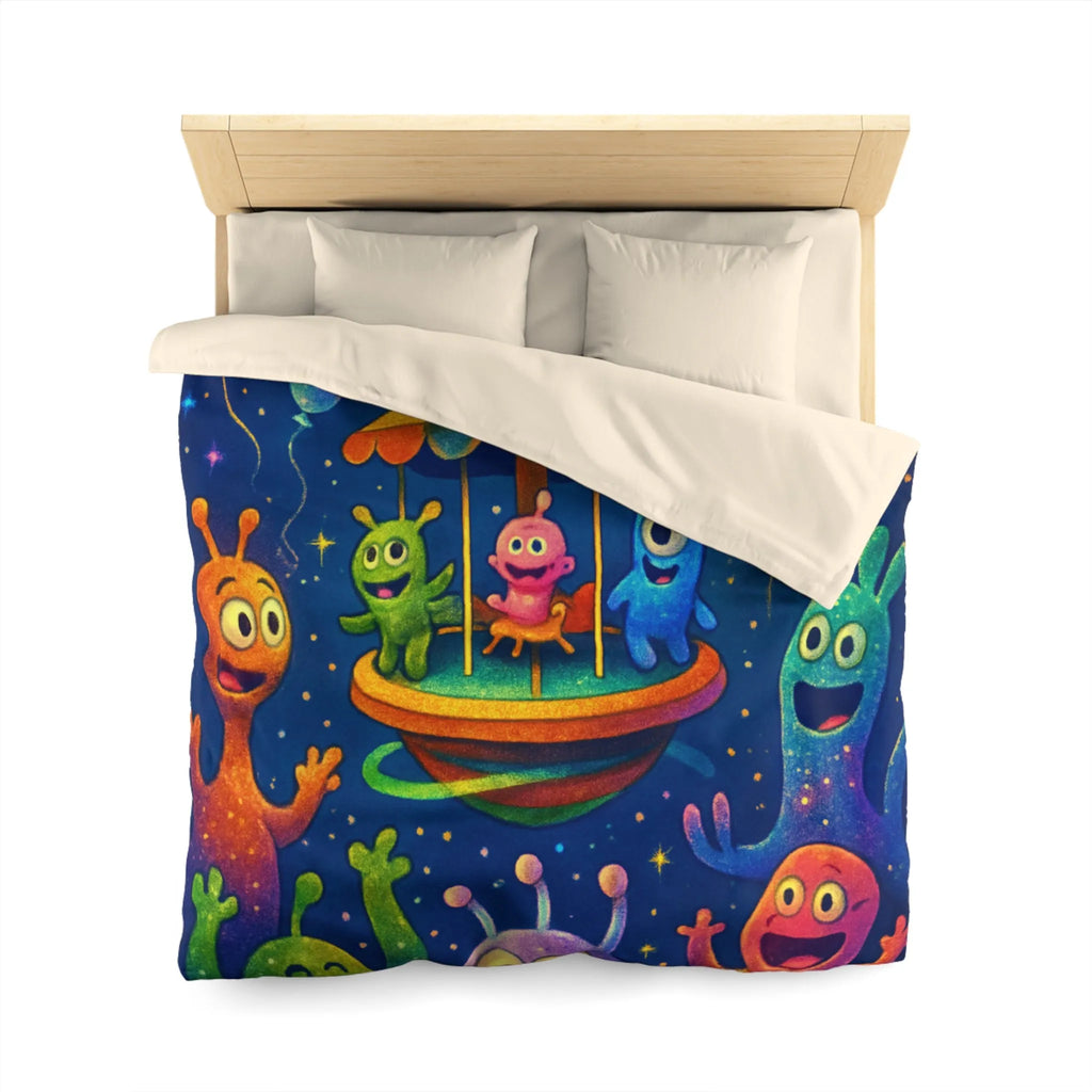 Housse de couette aux créatures extraterrestres colorées sous feux d'artifice et ballons colorés