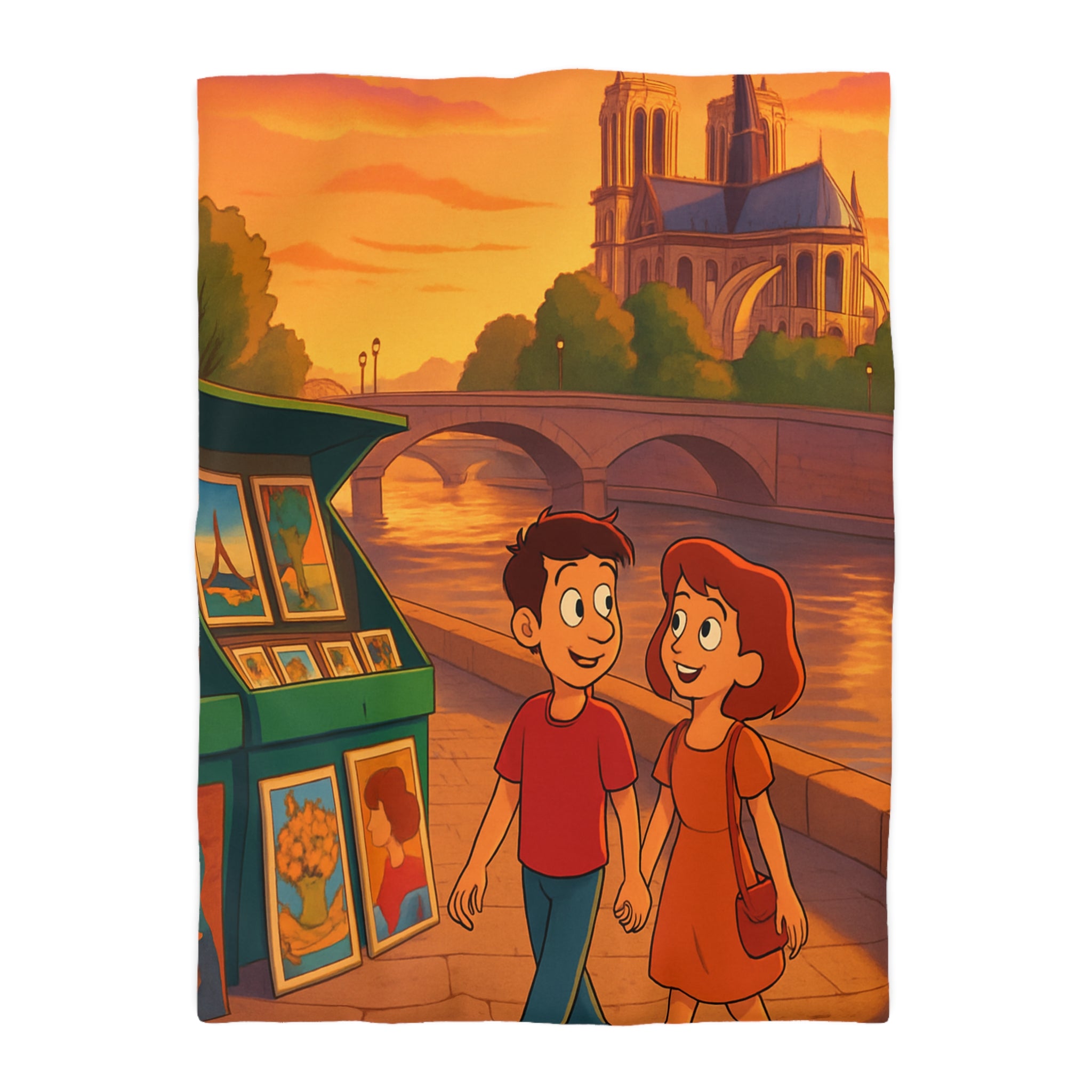 Housse de Couette Romance Parisienne Au Coucher Du Soleil Avec Vue Cathédrale