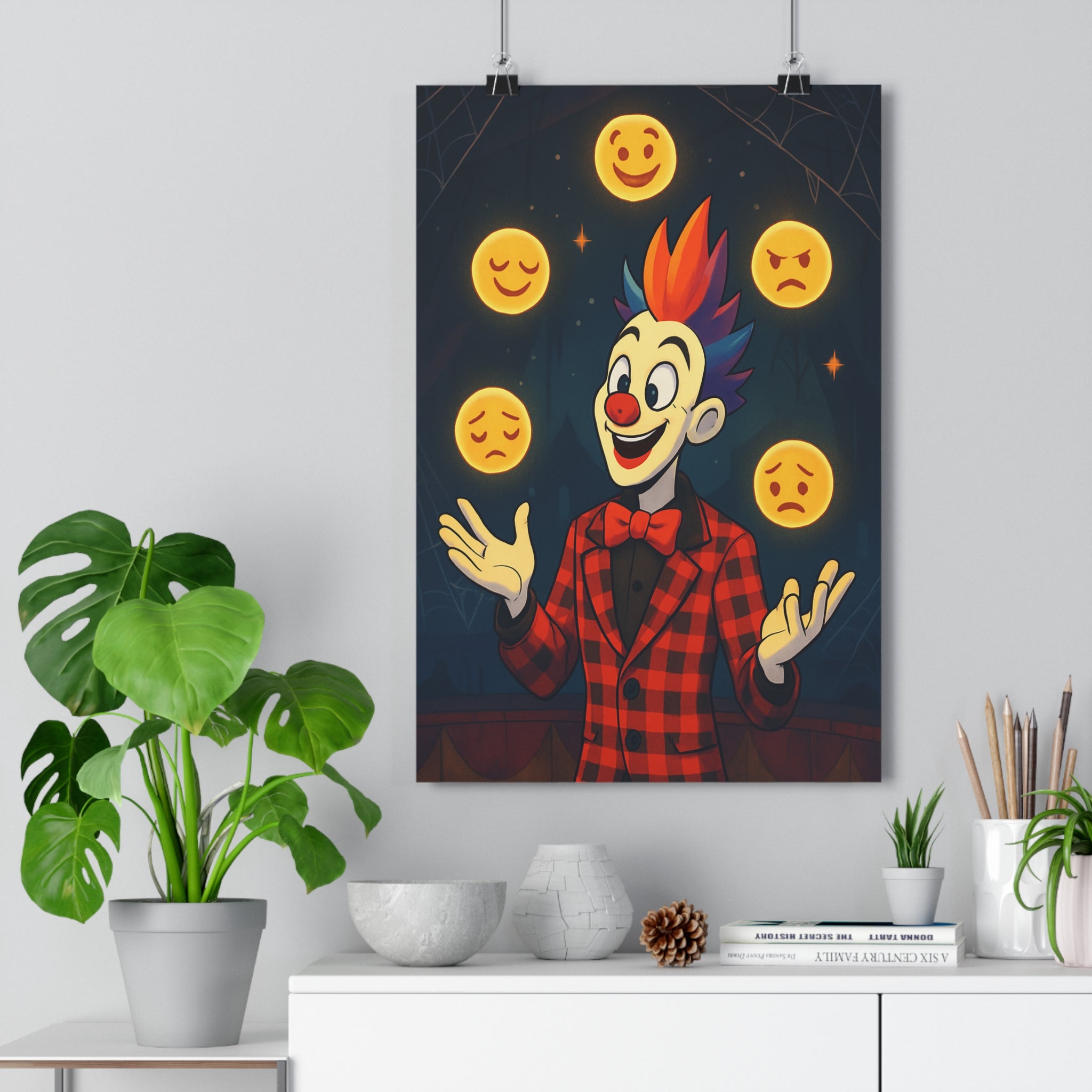 Poster décoratif clown rouge noir jongleur émoticônes joyeux mystérieux chambre salon enfant unique qualité