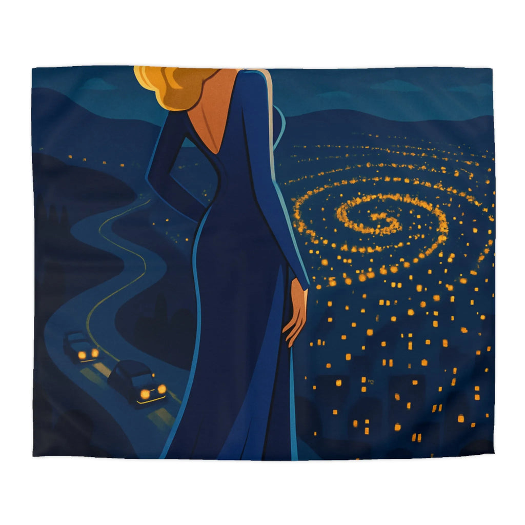 Élégante femme blonde contemplant un paysage nocturne étoilé en robe bleue longue