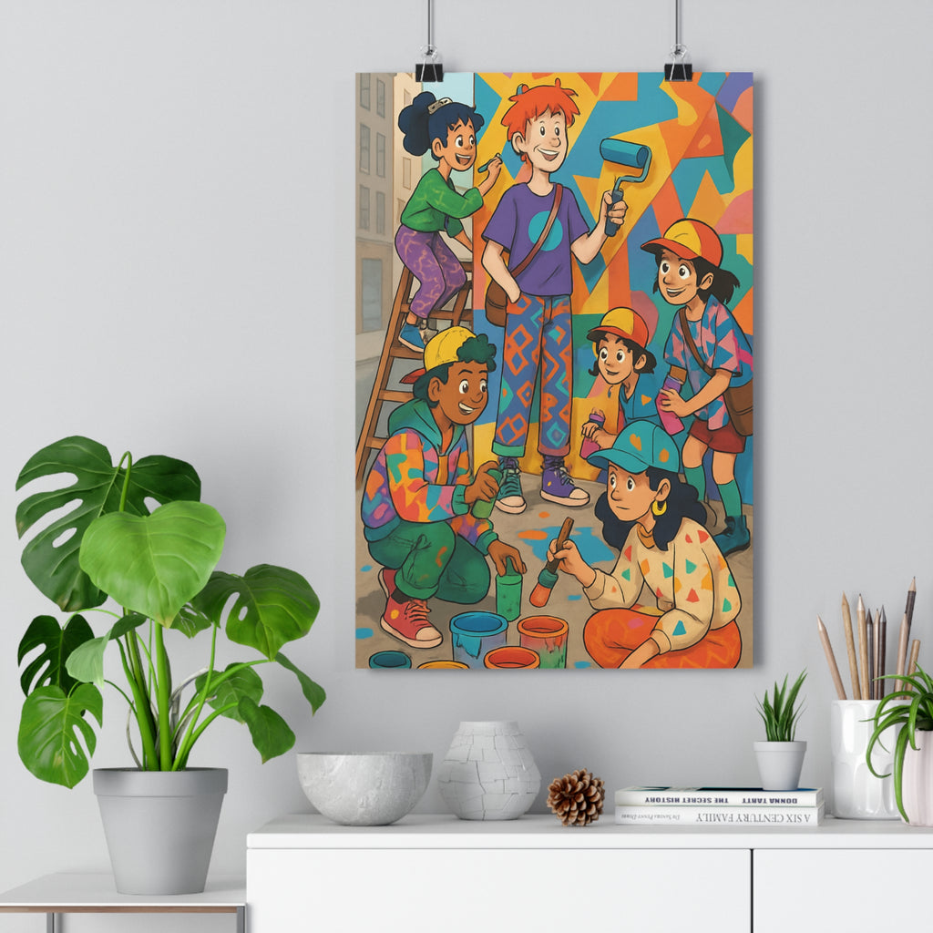 Poster décoratif cartoon urbain bleu jaune orange joyeux salon chambre bureau design créatif peinture