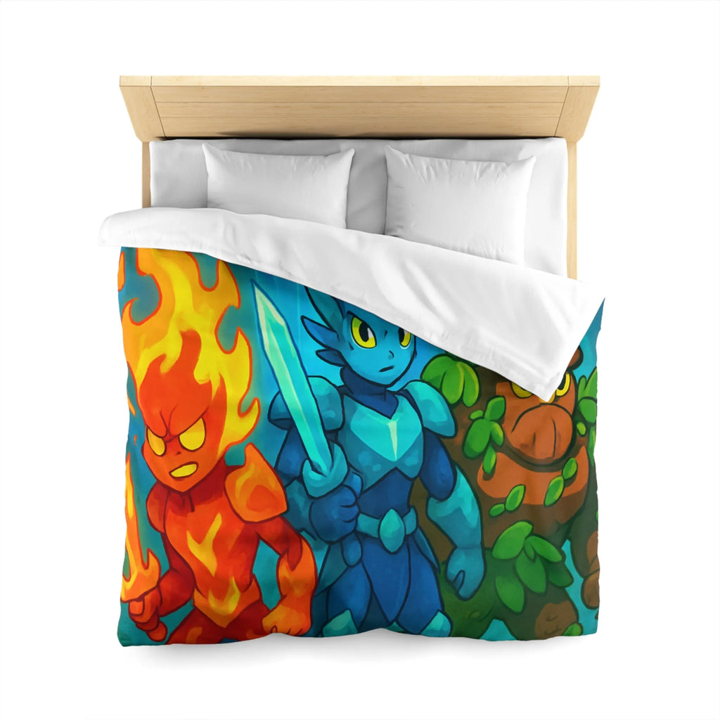 Housse de couette avec personnages élémentaires : feu, glace et terre, ambiance fantastique