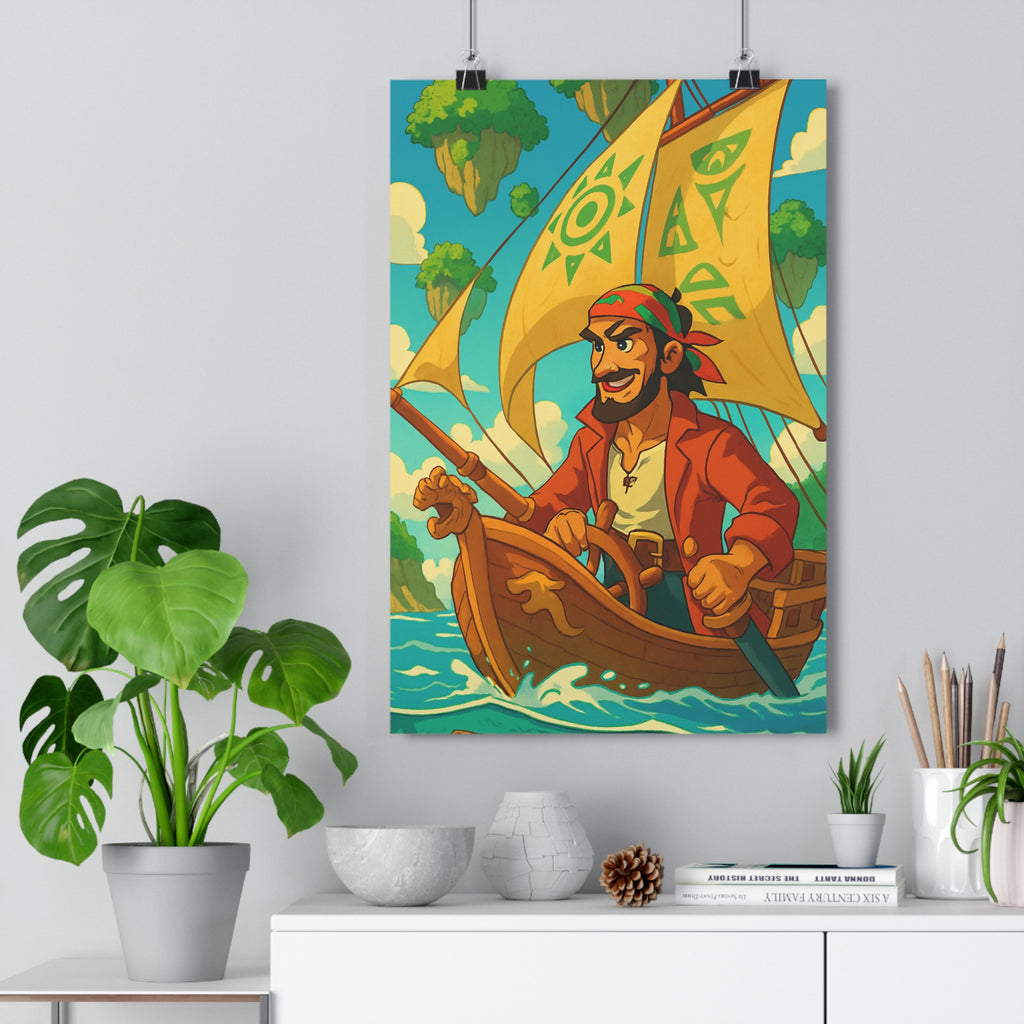 Poster décoratif pirate aventure mer turquoise dessin animé joyeux chambre enfant bateau bois îles