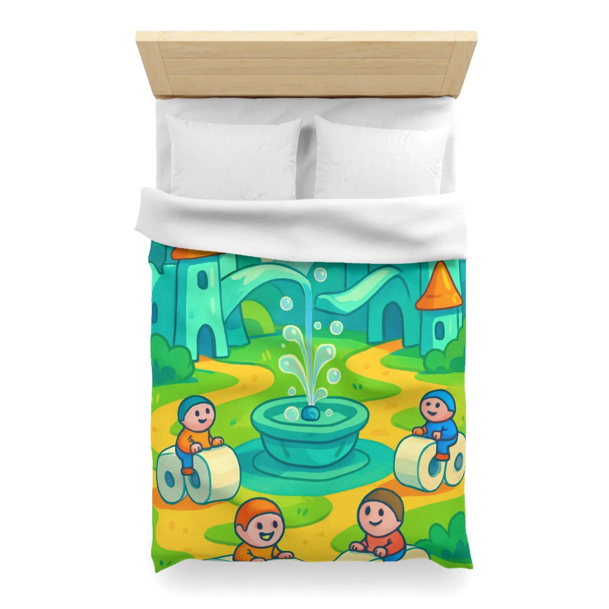 Housse de couette joyeuse avec château et enfants sur routes animées et colorées
