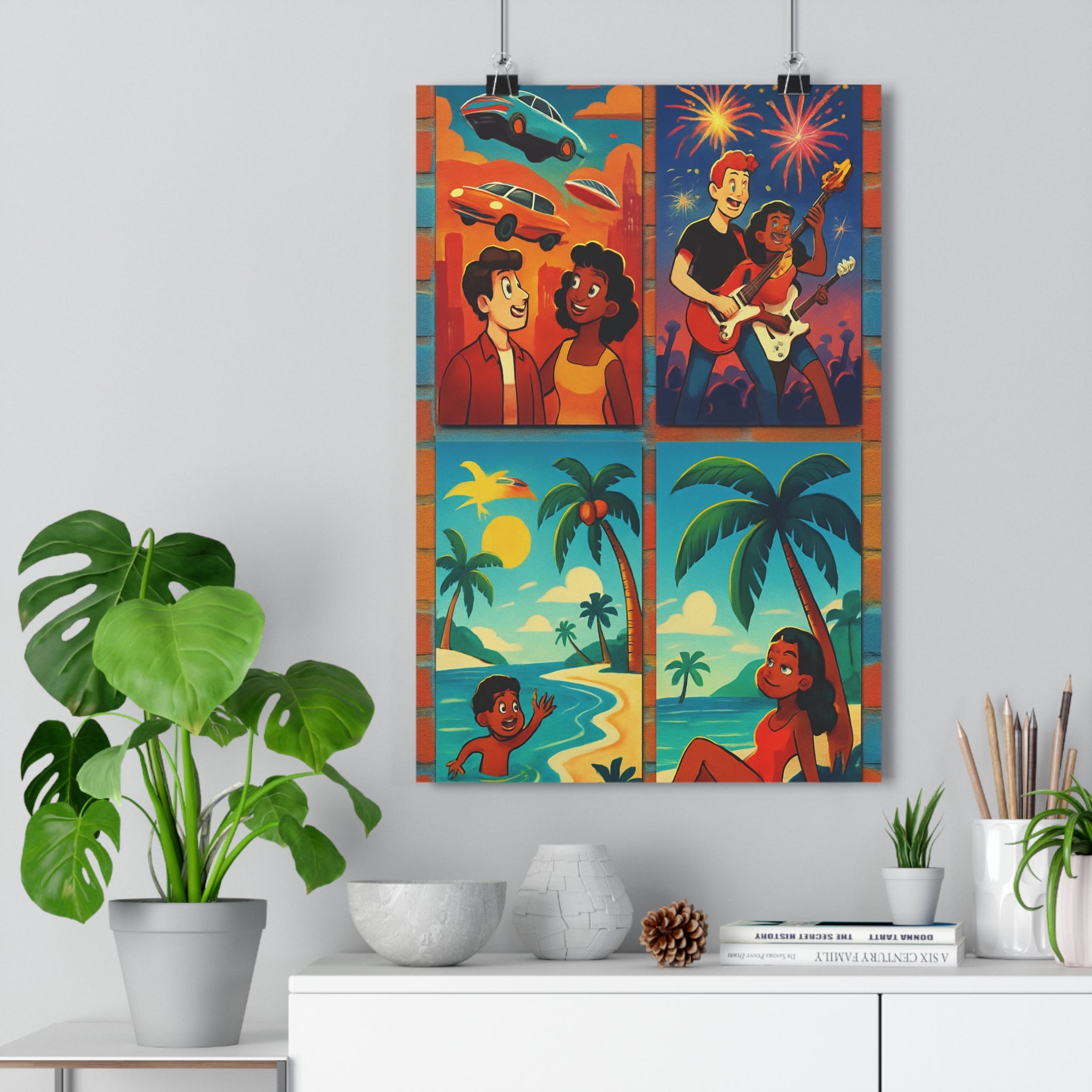Poster décoratif éclectique vintage moderne cartoon vibrant orange bleu salon chambre joyeux ambiance artistique