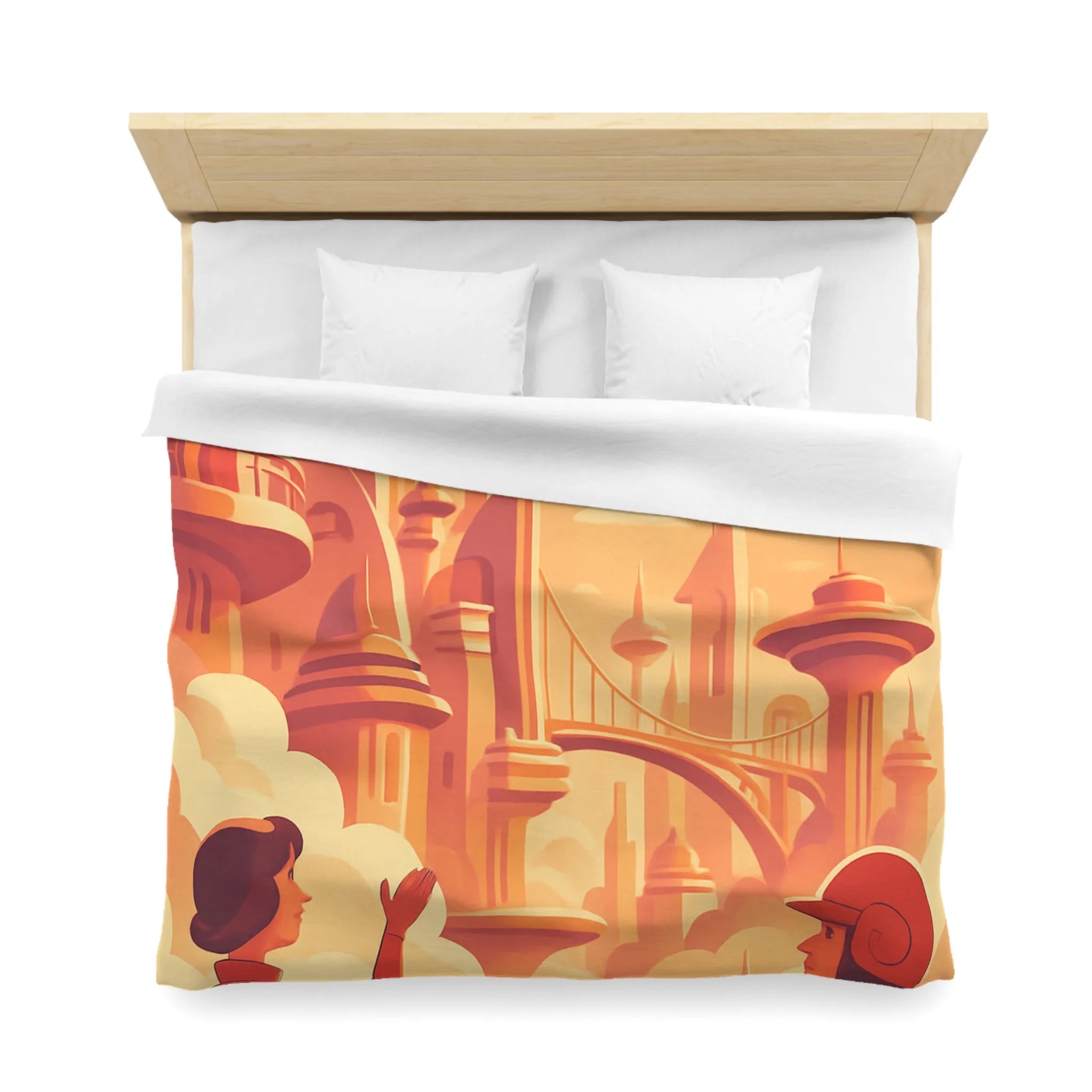 Housse de Couette Art Déco Futuriste avec Avion dans Ciel Orange et Ville Flottante