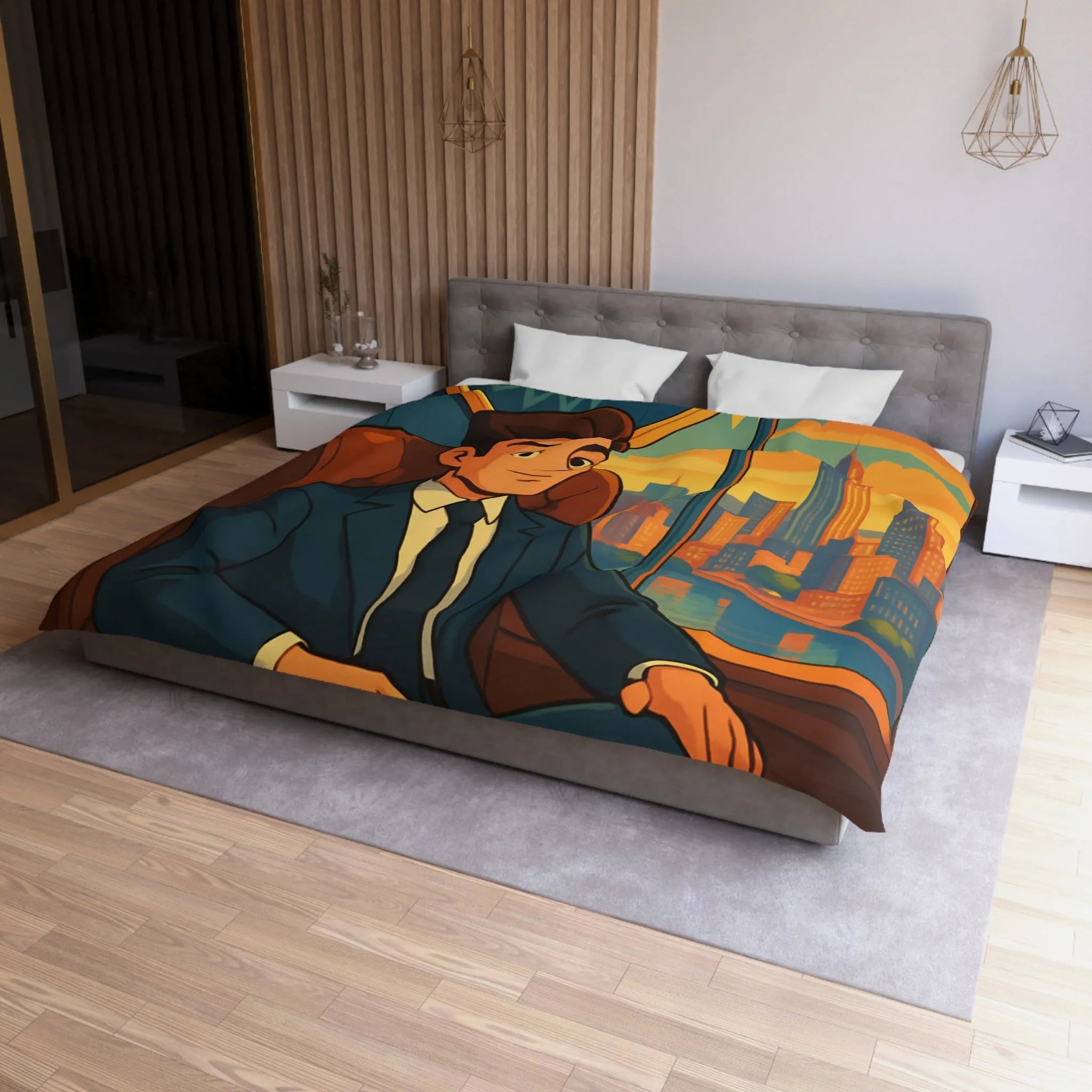 Élégante housse de couette avec homme d'affaires et horizon urbain stylisé en coucher de soleil