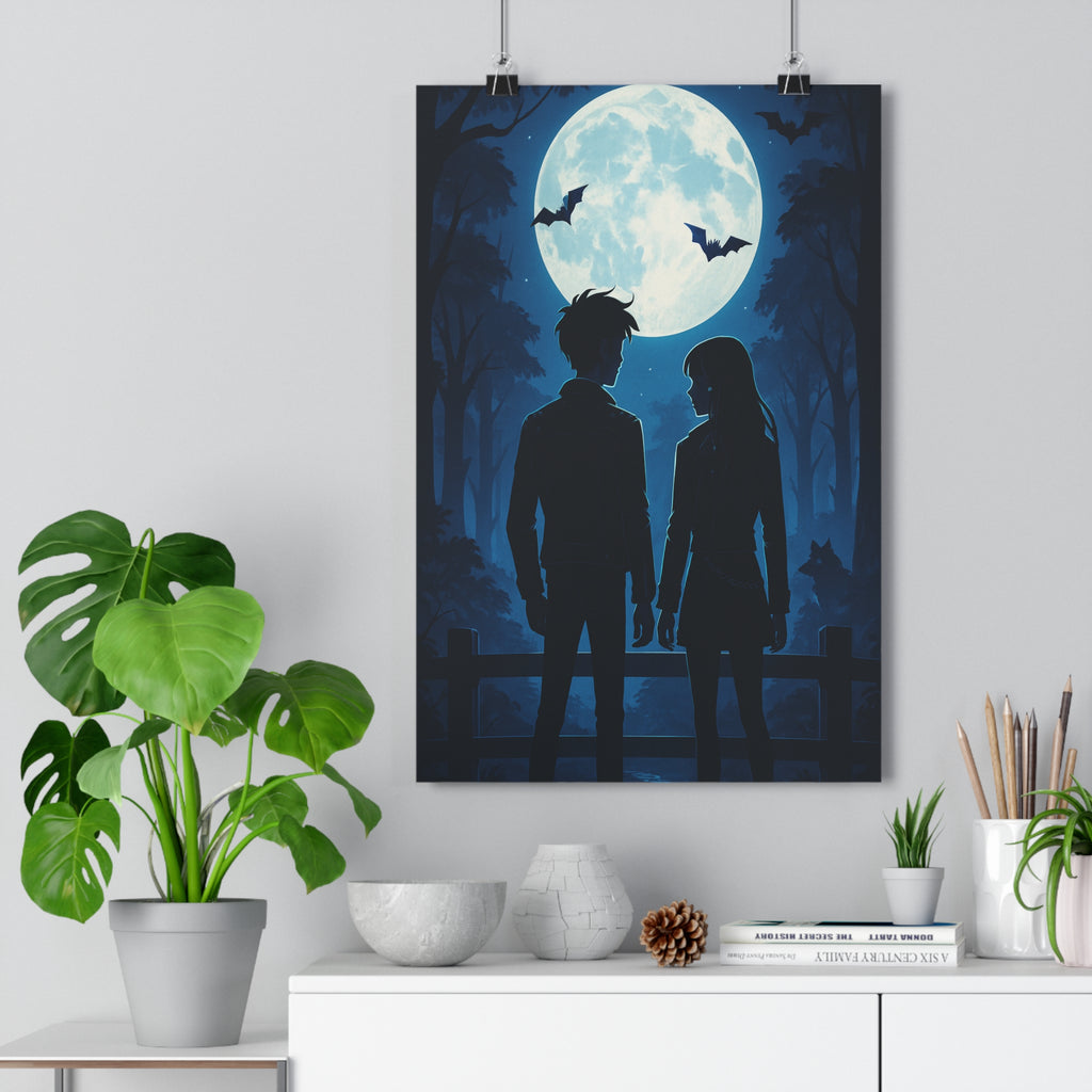 Poster décoratif silhouettes mystique gothique bleu noir dessin animé chambre fantastique ambiance mystérieuse forêt