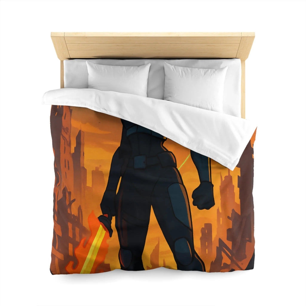 Housse de couette héroïque avec guerrier futuriste, drones volants et paysage apocalyptique
