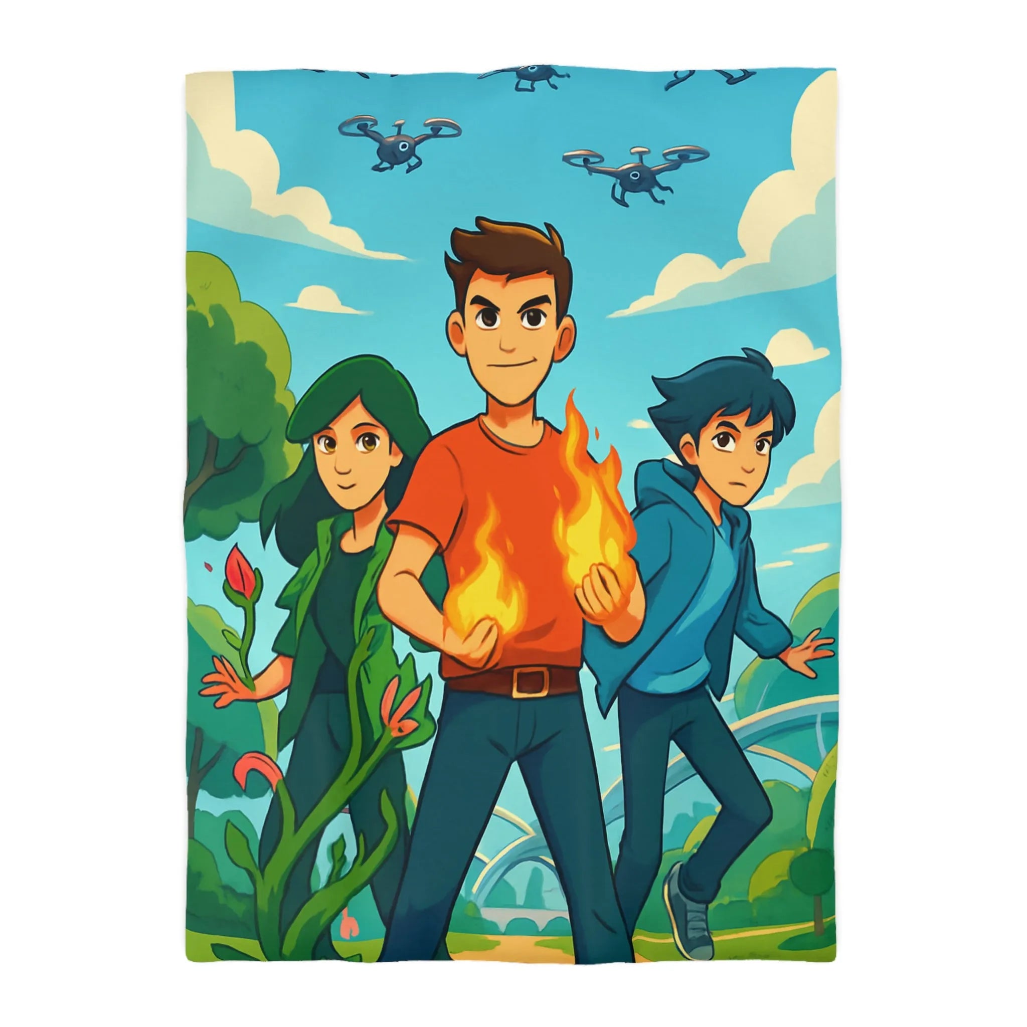 Housse de couette aventure jeune héros, nature et futur avec drones volants