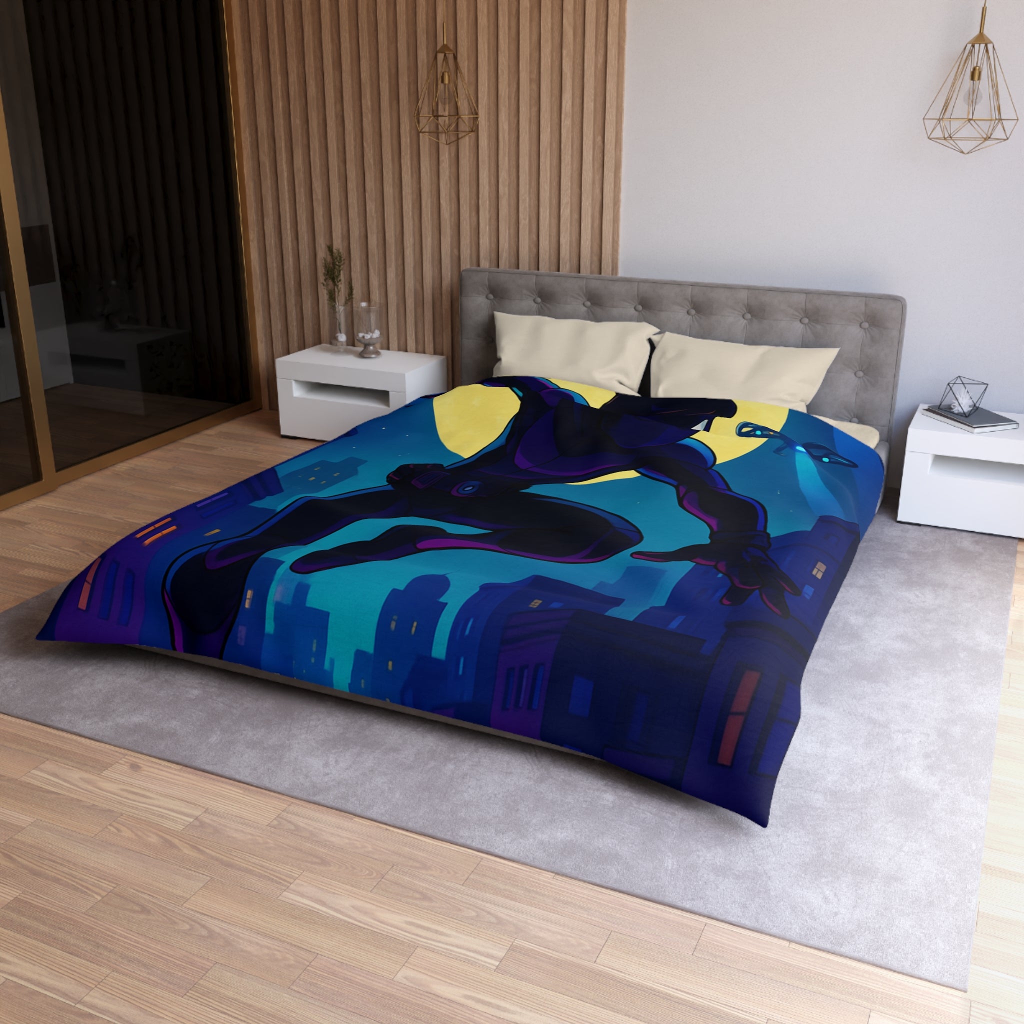 Housse de couette super-héros noir sautant devant une pleine lune et des drones urbains