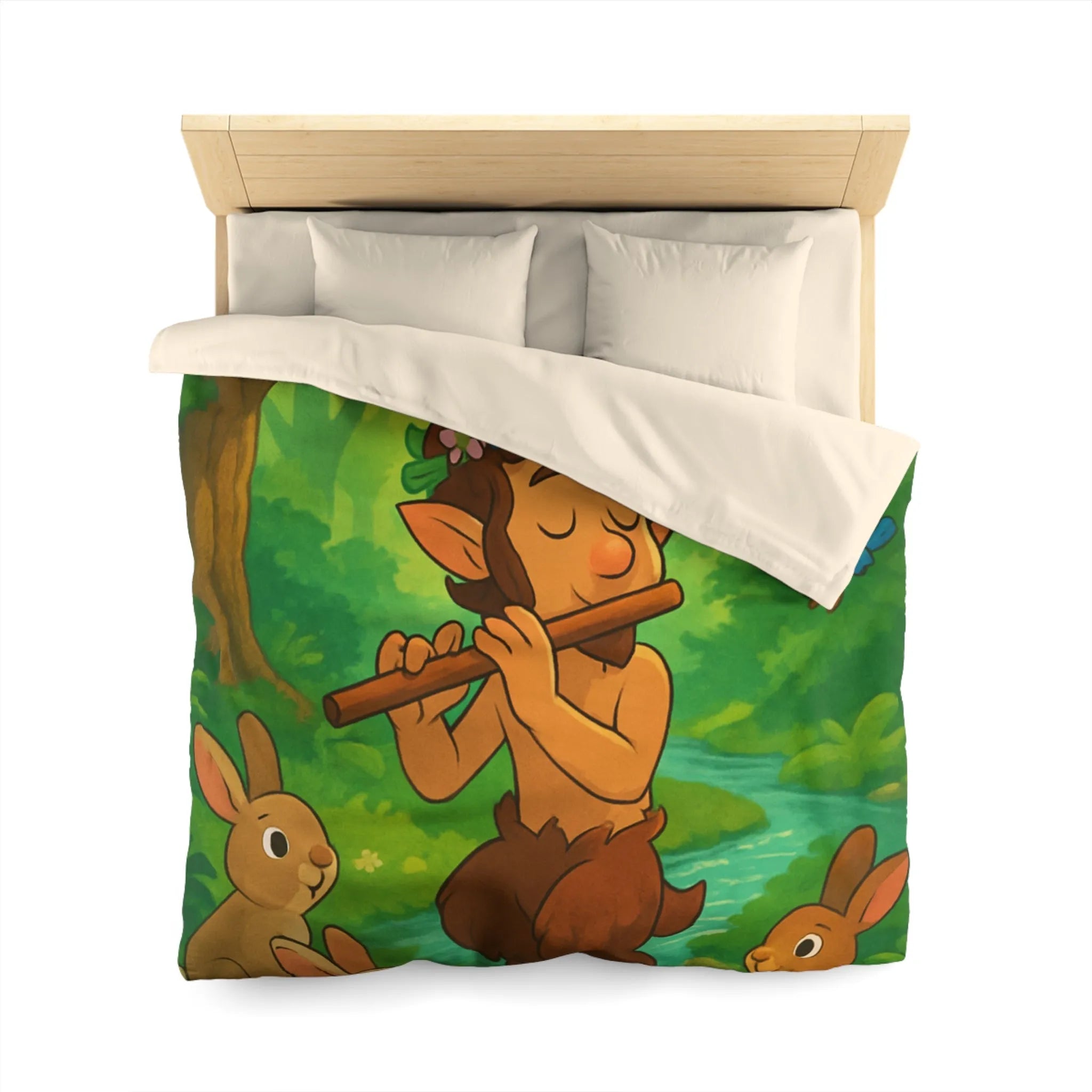 Housse de couette enchantée avec faune légendaire jouant de la flûte au milieu des bois