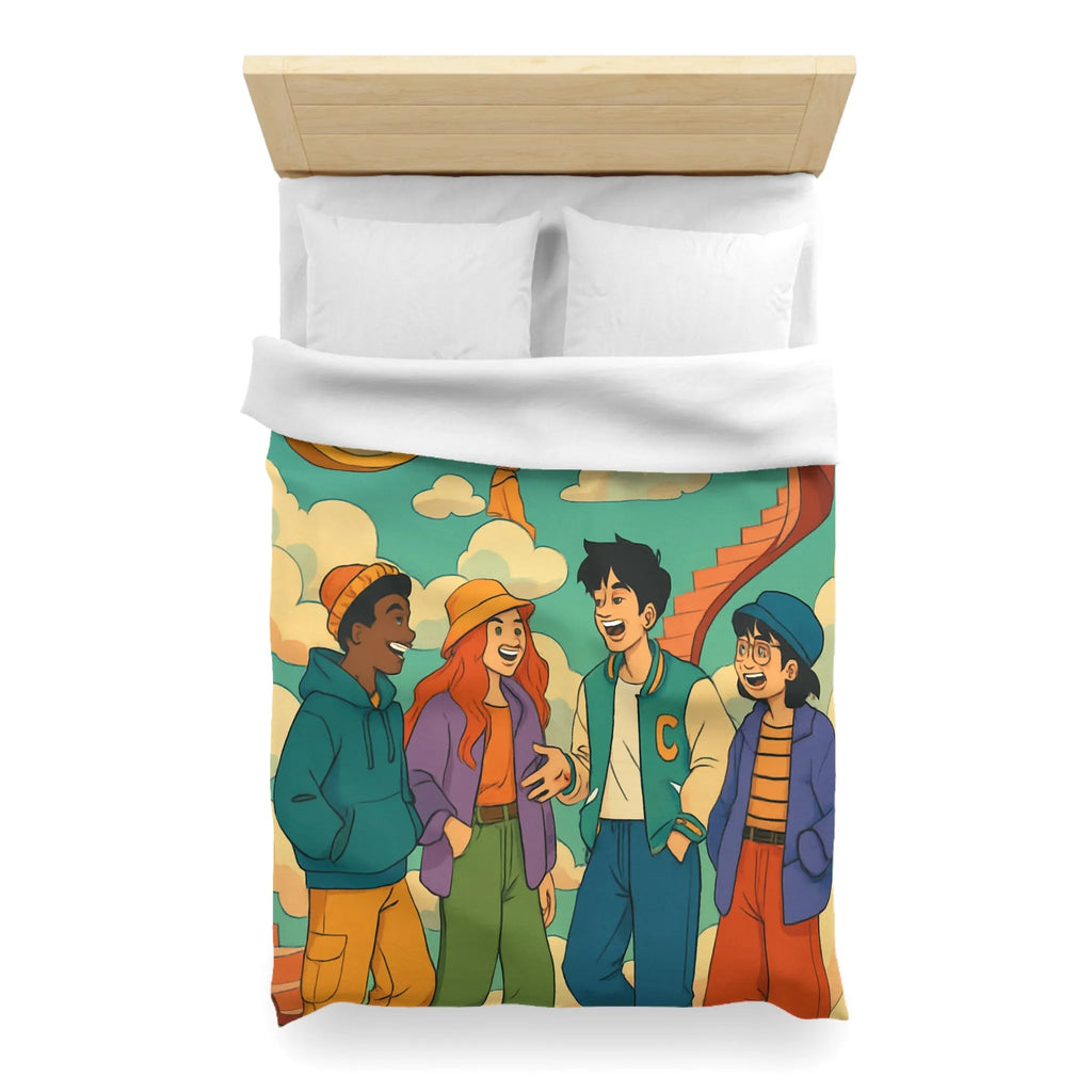 Housse de couette jeune amis rient sous escalier nuages horloge ciel bleu