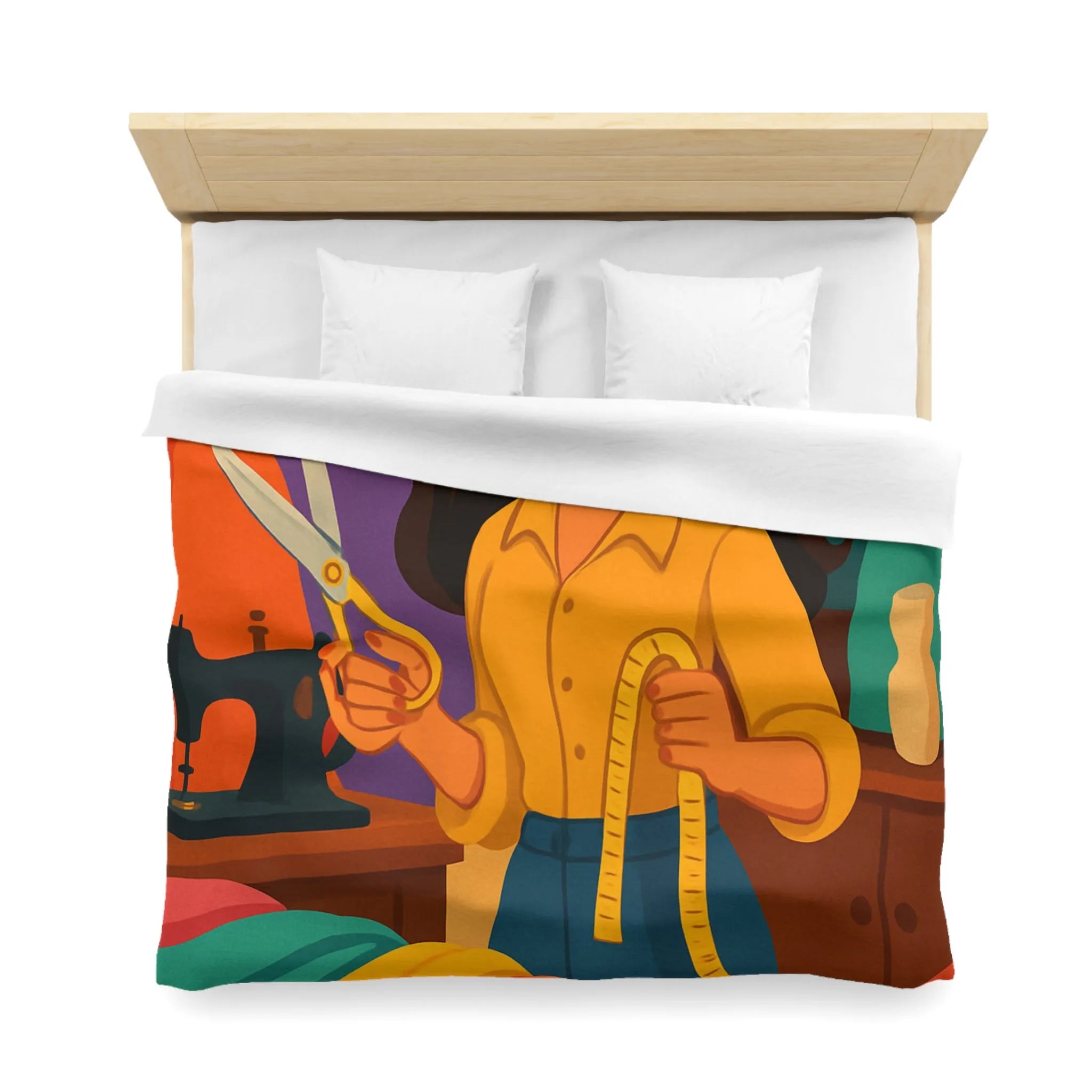 Housse de couette colorée avec motifs de couturière, outils et mannequins élégants