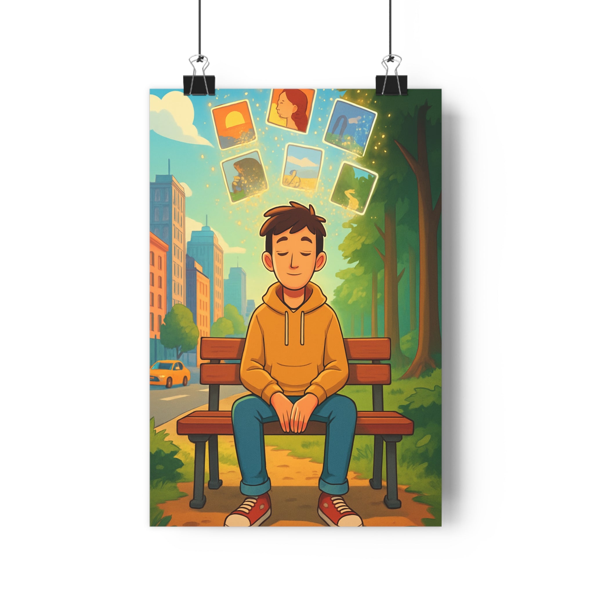 Poster décoratif aquarelle rêveur vert bleu orange cartoon serein chambre salon bureau artistique qualité