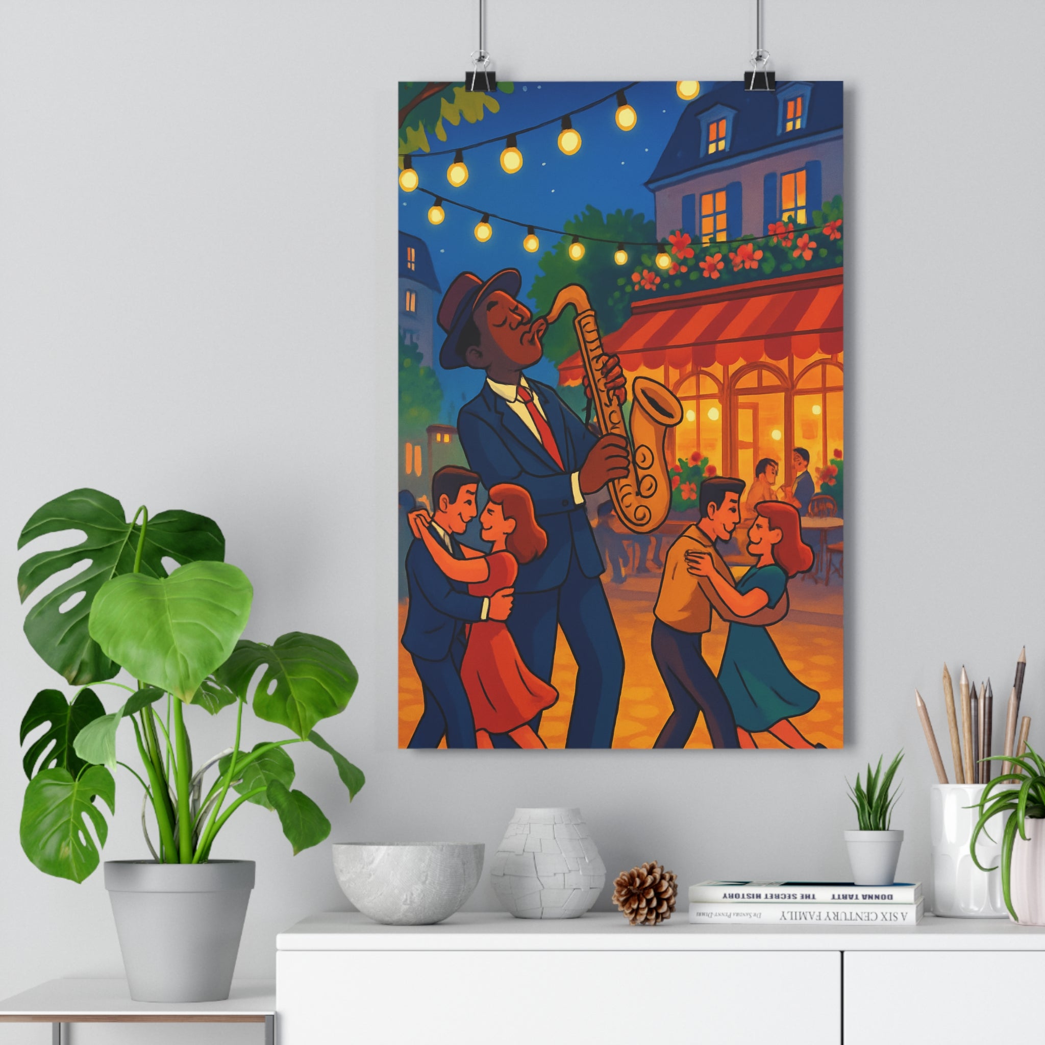 Poster décoratif jazz art déco lumineux chaleureux parisien salon intérieur vintage ambiance festive saxophone