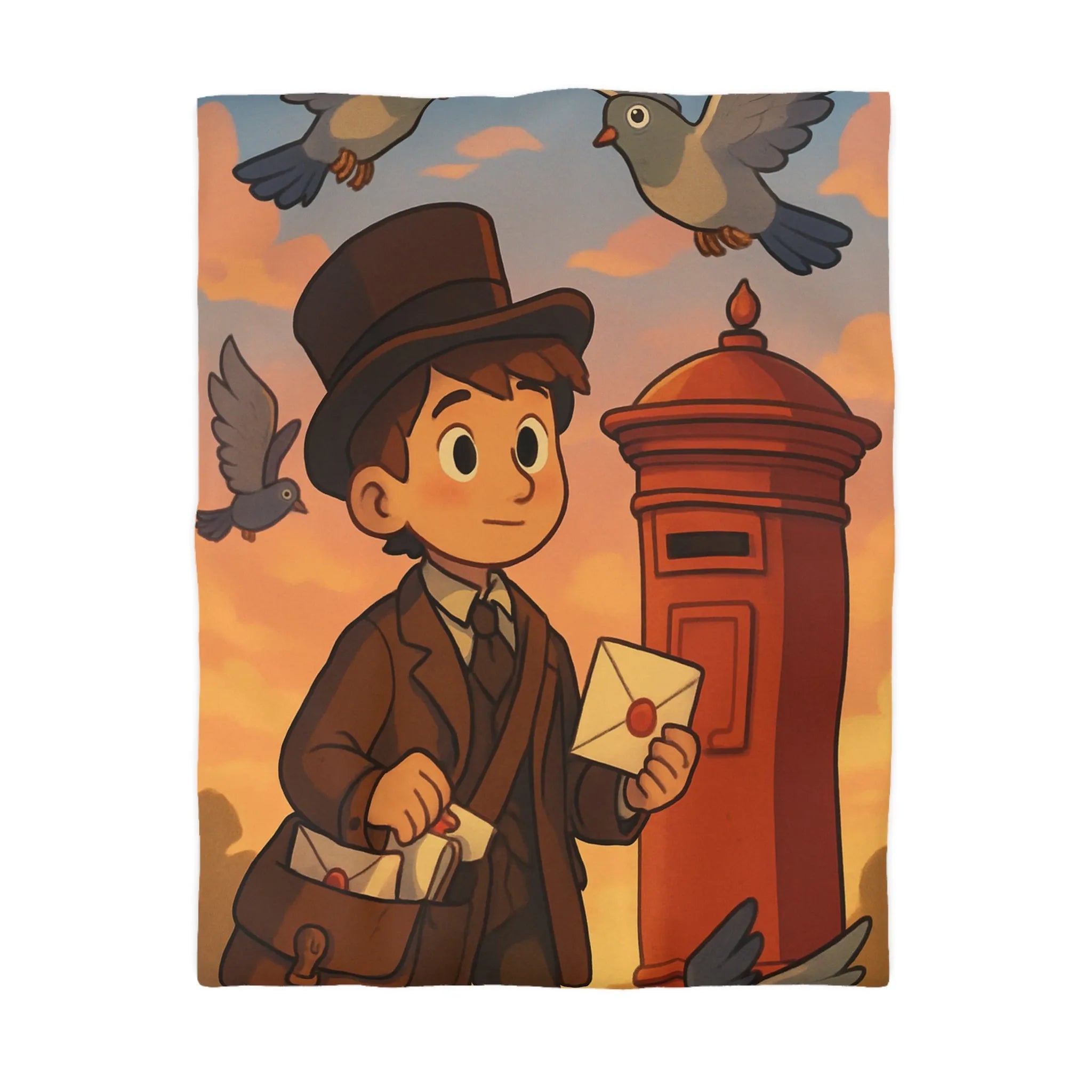 Housse de couette illustrée avec poste vintage et pigeons dans ciel au coucher du soleil