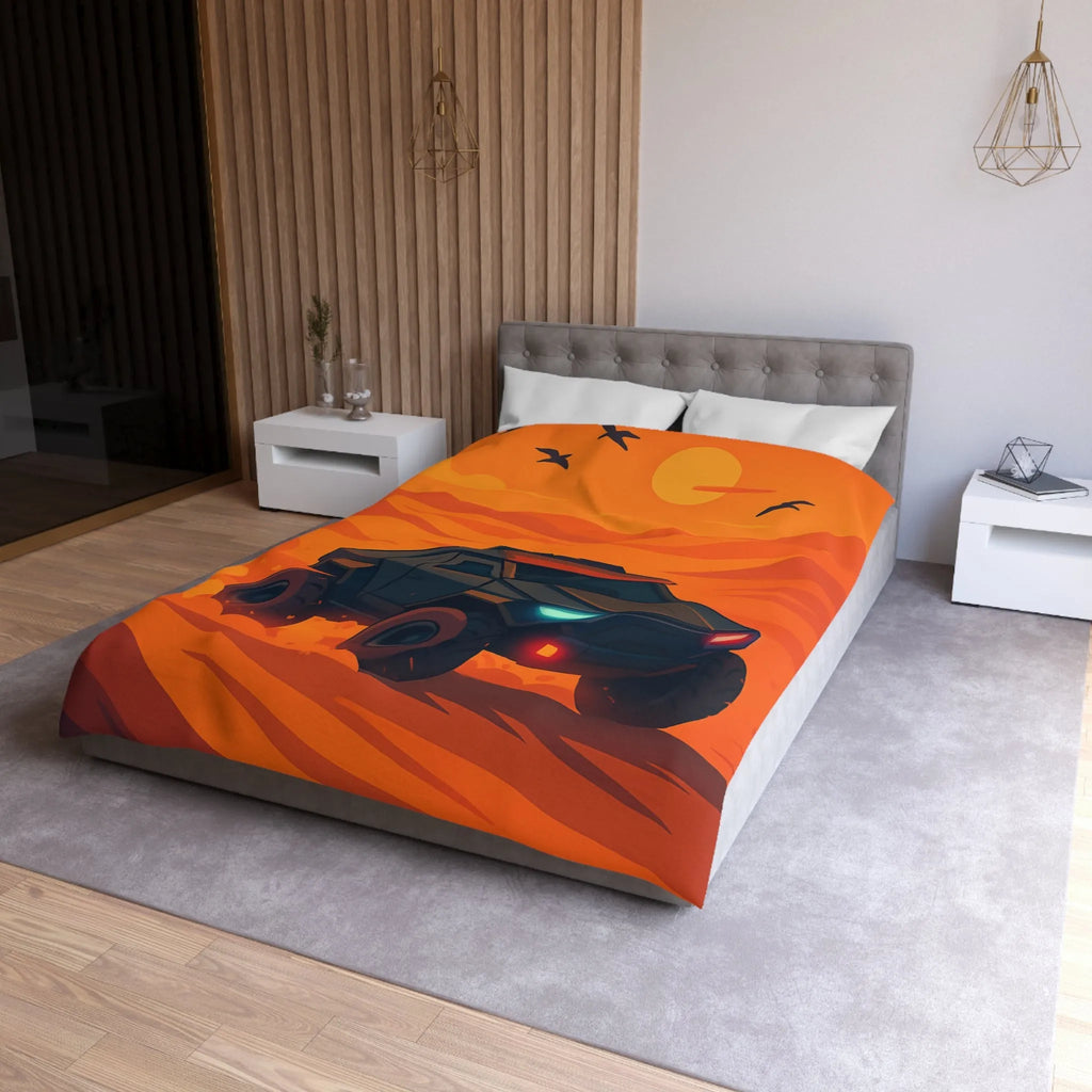 Housse de couette avec design de voiture tout-terrain dans désert orange au coucher du soleil