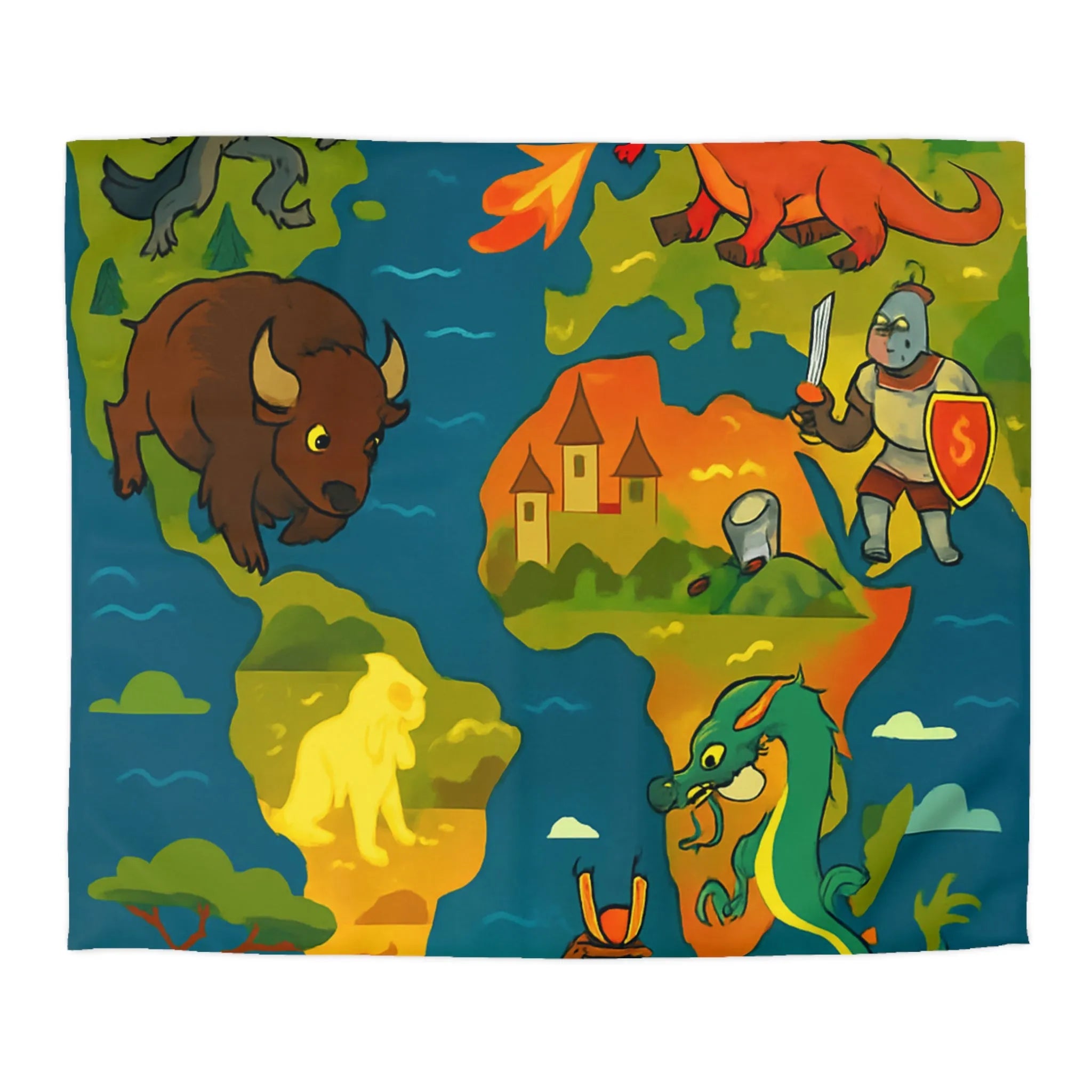 Housse de couette épique avec dragons, samouraïs et créatures légendaires au style coloré.