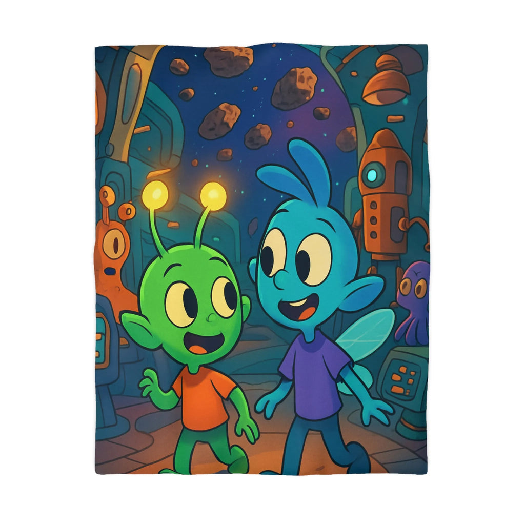 Housse de couette enfant extraterrestre bleu et vert dans vaisseau spatial coloré amusant