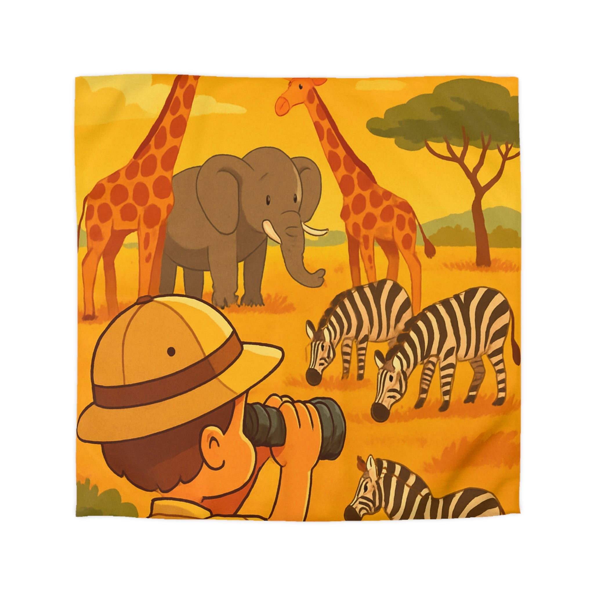 Housse de couette safari enfant avec éléphant, girafes et zèbres dans savane ensoleillée