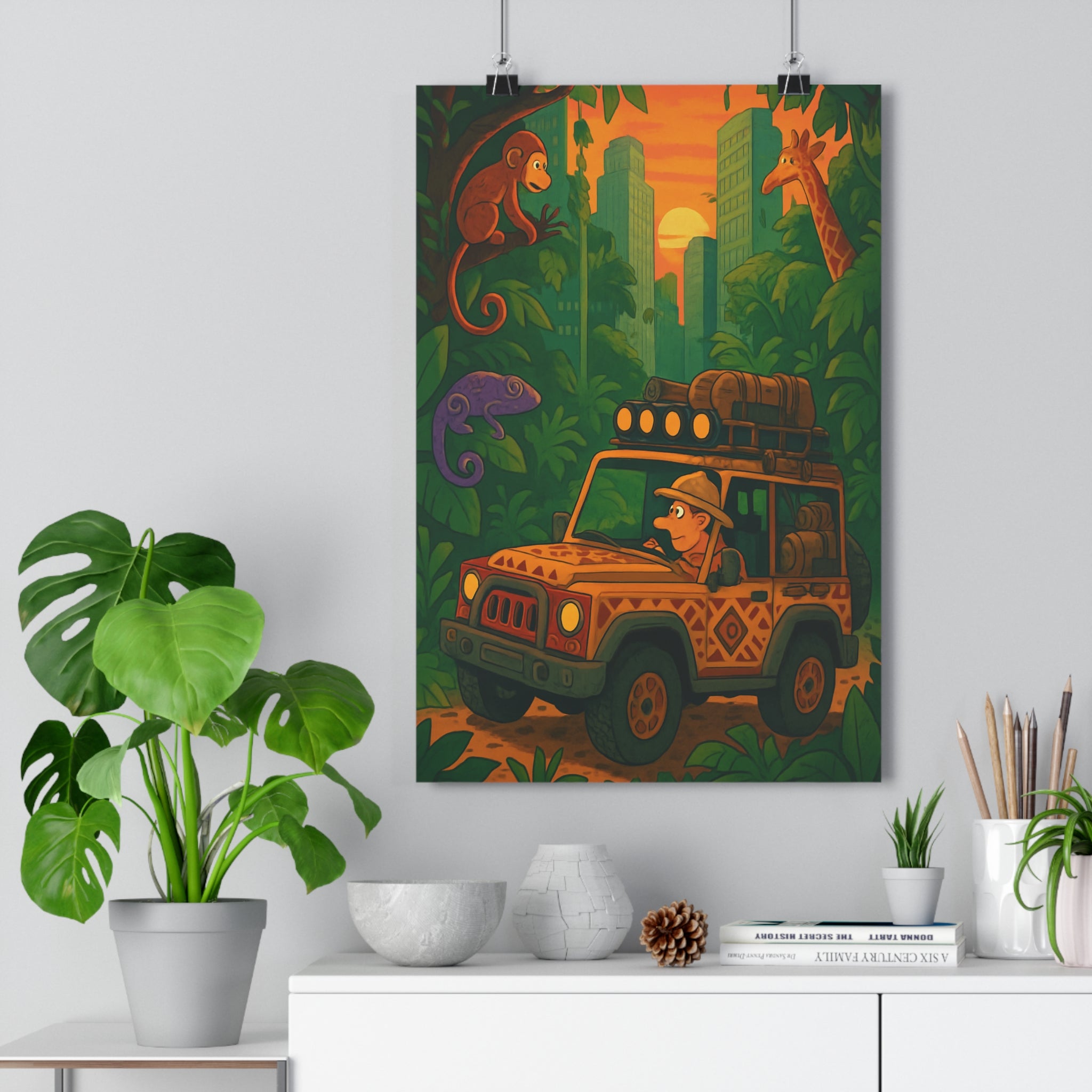Poster décoratif aventure cartoon urban jungle coloré explorateur salon chambre enfant dynamique amusant joyeux