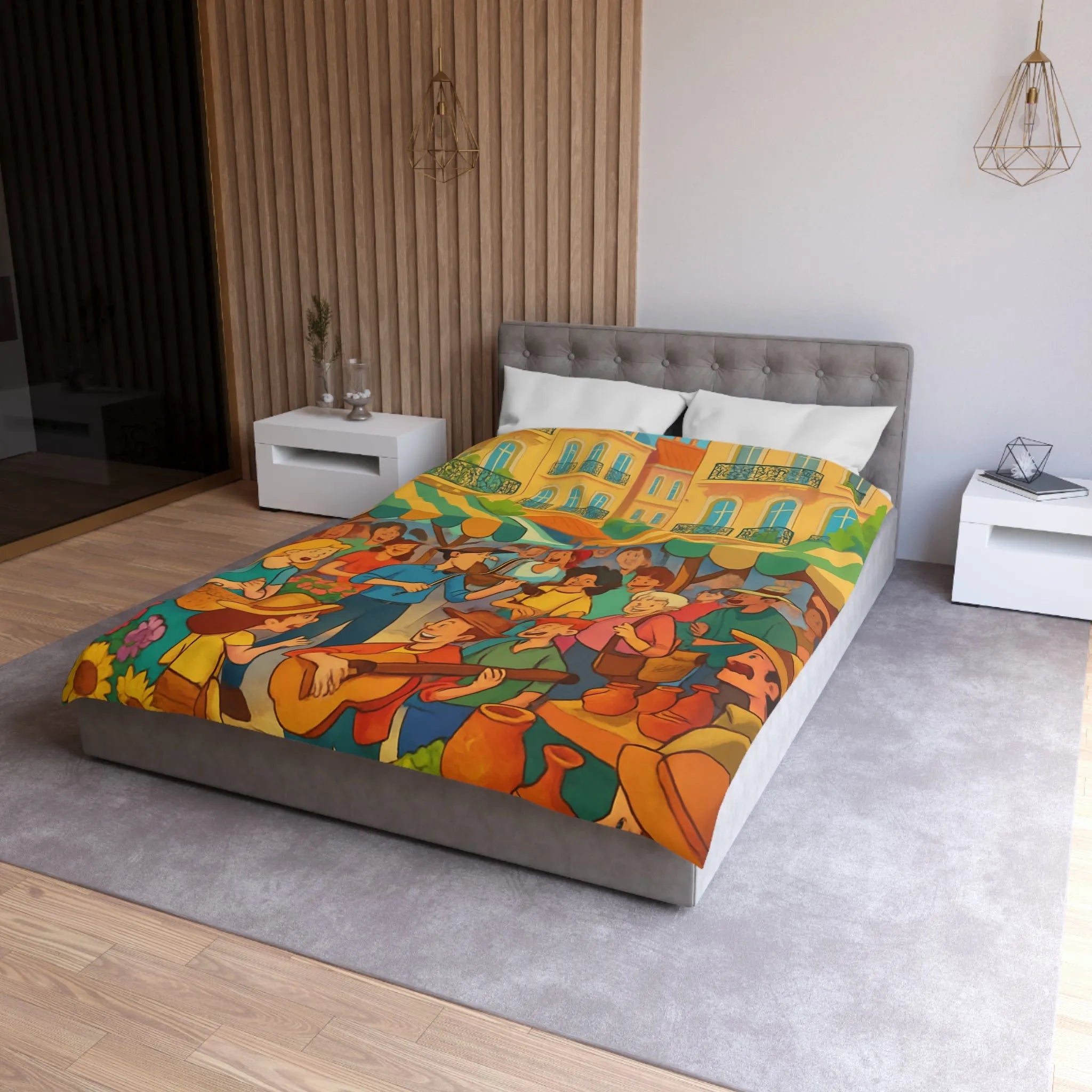 Housse de couette colorée avec scène de marché animé et ambiance joyeuse en plein air