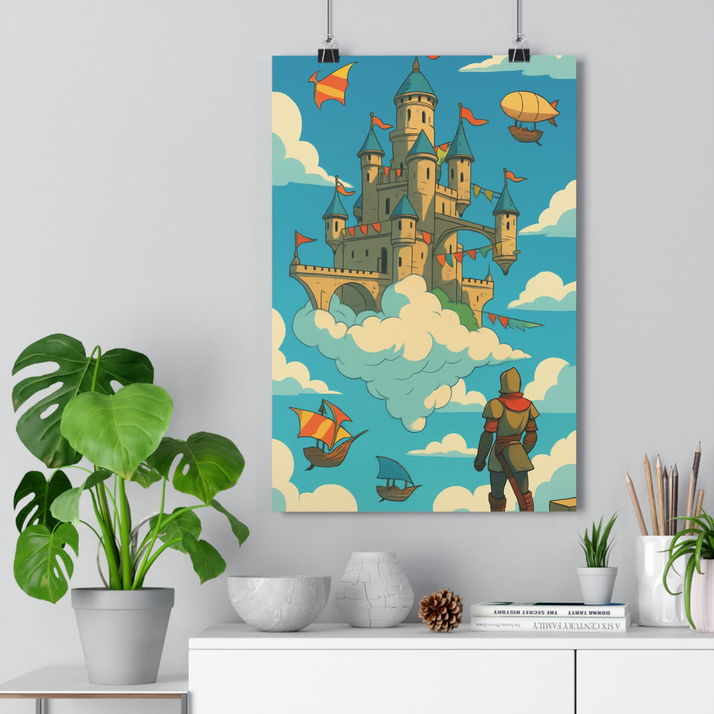 Poster décoratif château cartoon bleu orange aventure fantastique chambre salon enfant magique aérien flottant
