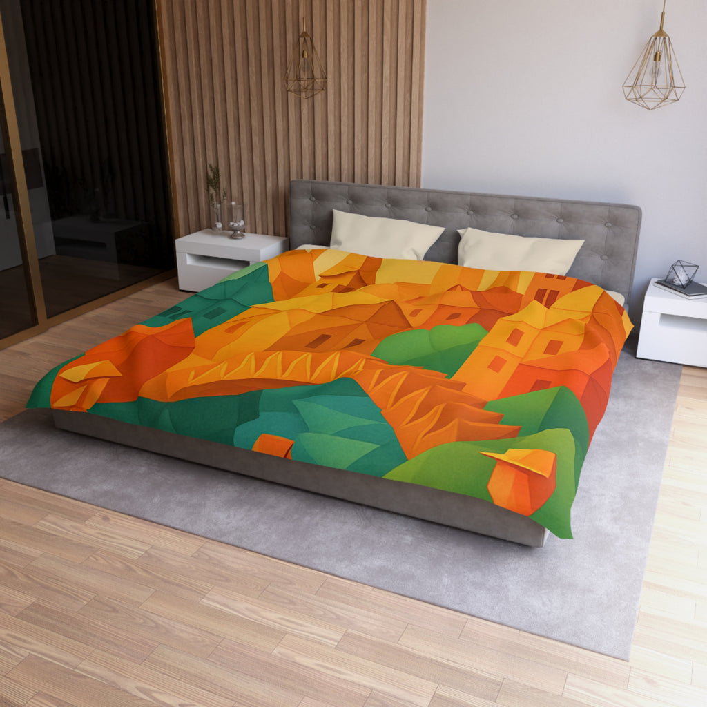 Housse de couette motif origami coloré avec paysage urbain et silhouettes humaines