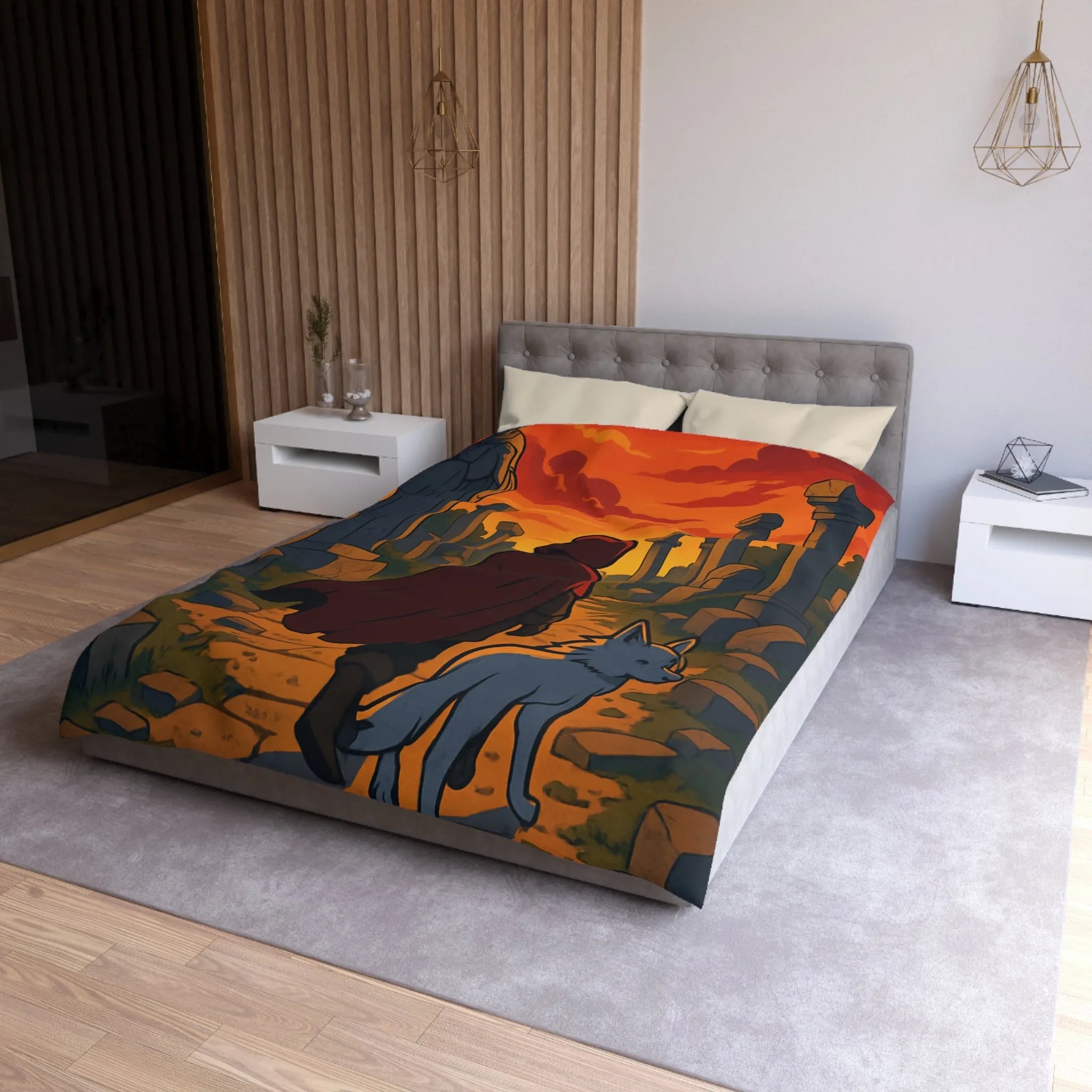 Housse de Couette Enfant Rouge et Blanc, Chemin Énigmatique du Crépuscule, Statue Mystérieuse