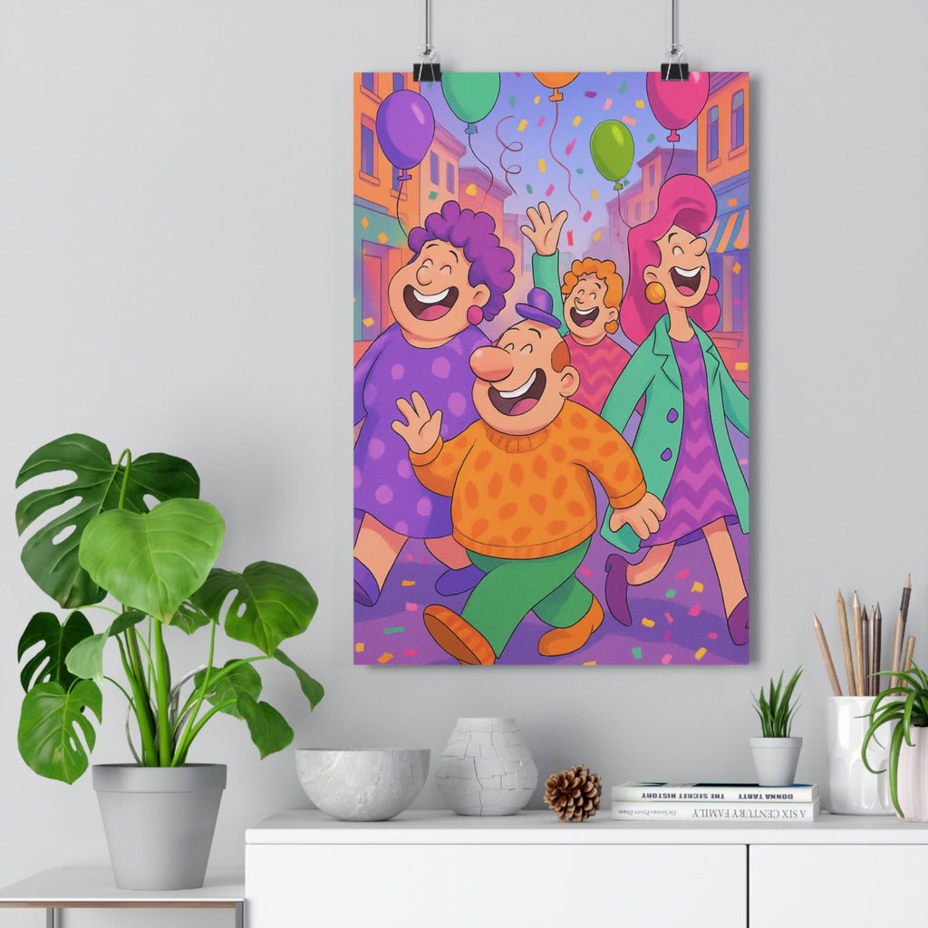 Poster décoratif néopop coloré joyeux personnages défilant rue animée salon chambre moderne qualité premium