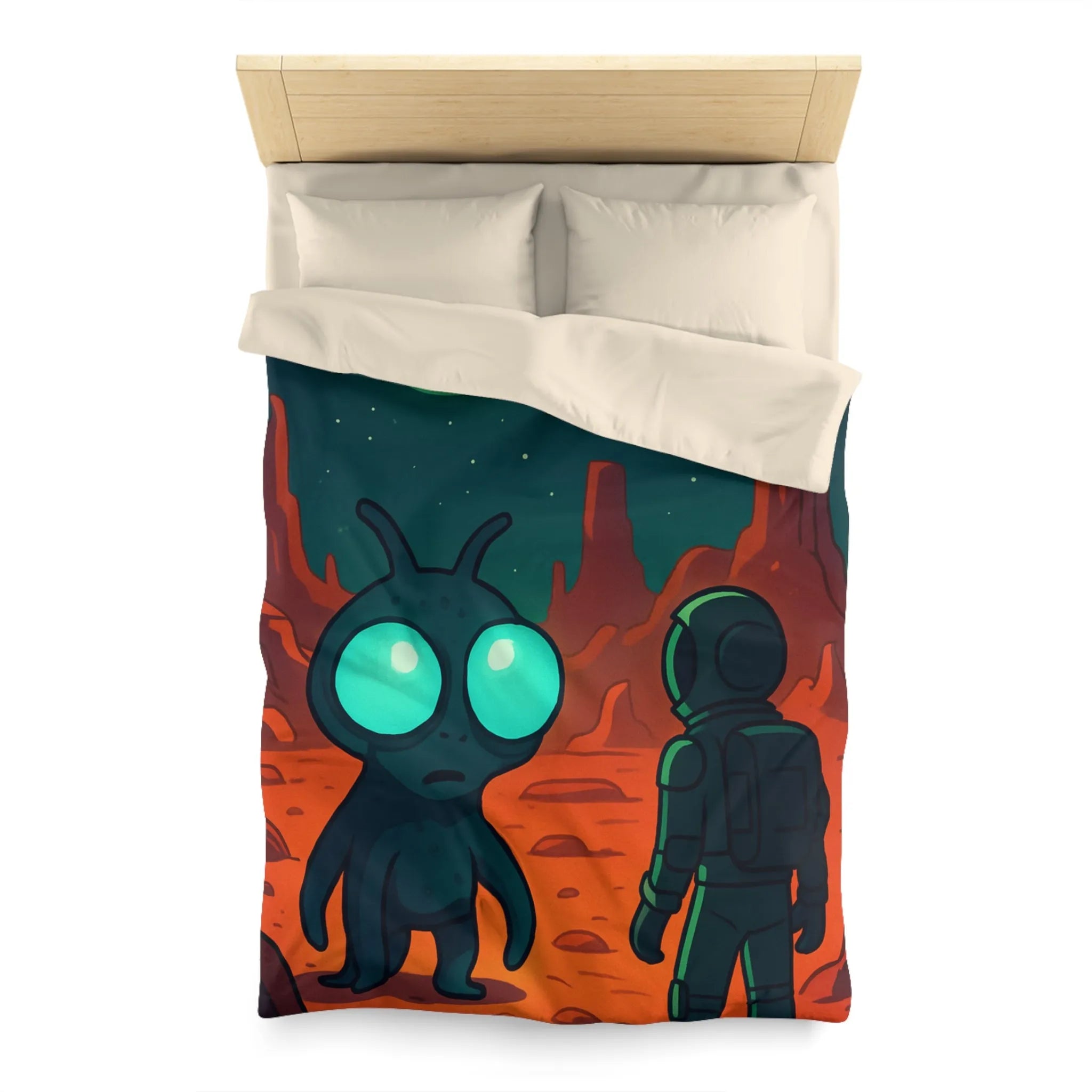 Housse de couette extraterrestre et astronaute sur fond de paysage lunaire mythique