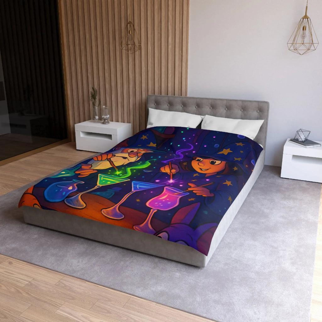 Housse de couette magique avec sorciers et potions dans un atelier enchanteur