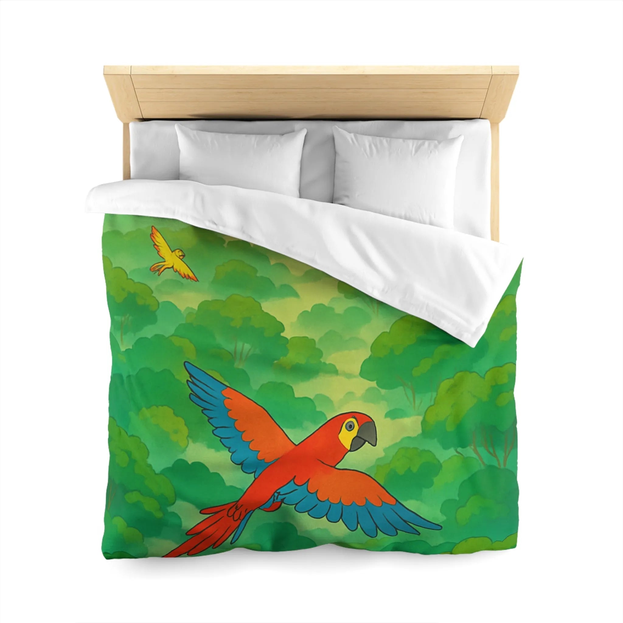 Housse de Couette Colorée Tropicale avec Perroquets et Paysage de Forêt Exotique