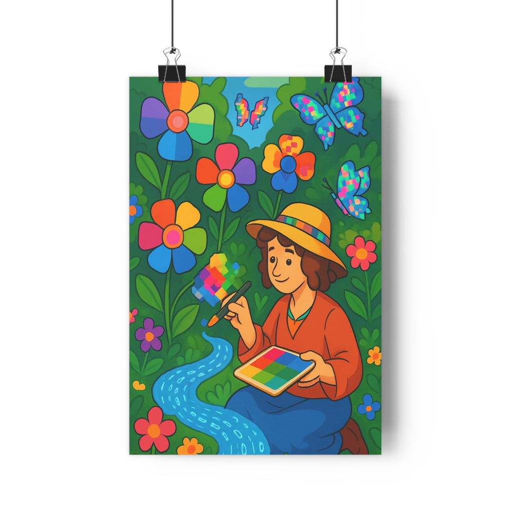 Poster décoratif jardin enchanteur joyeux fleurs multicolores bleu vert rose salon chambre bureau qualité