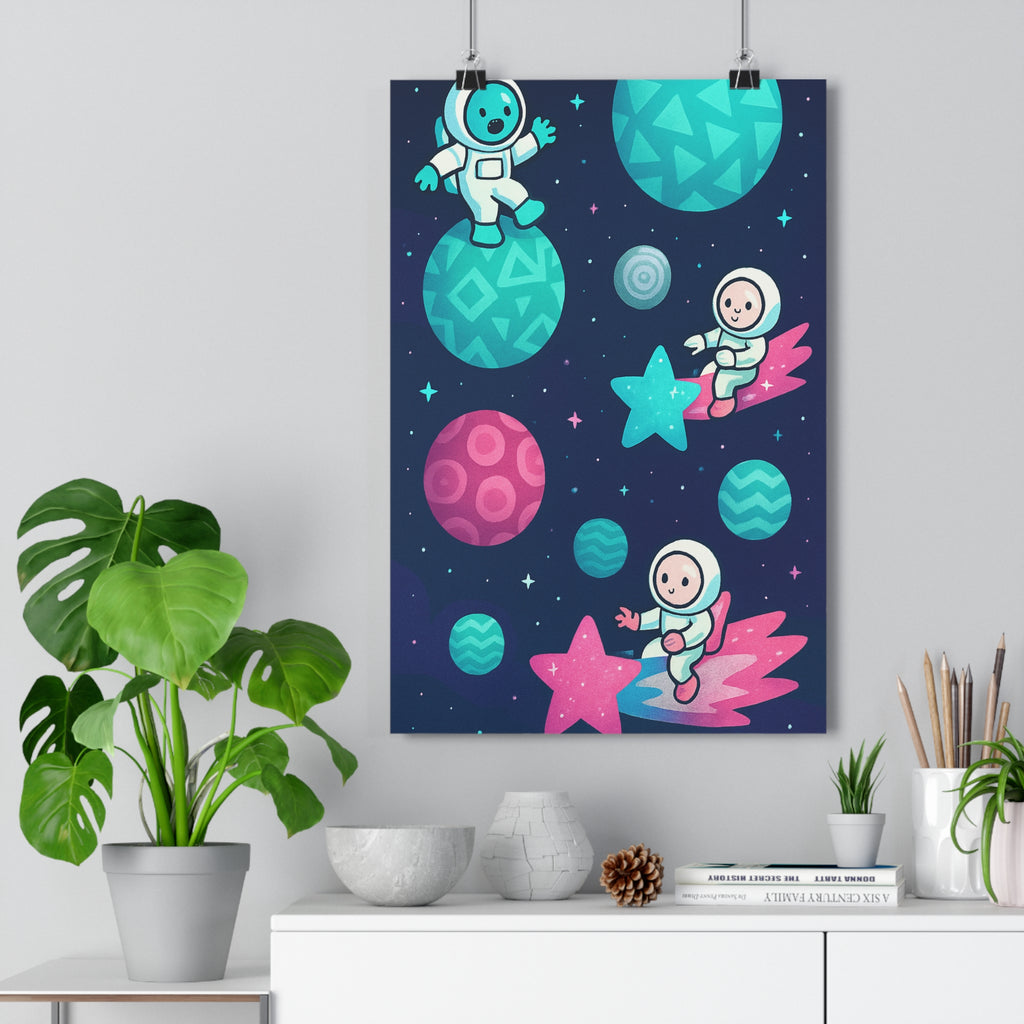 Poster décoratif espace astronaute enfant cartoon bleu rose vert joyeux ludique magique chambre rêve