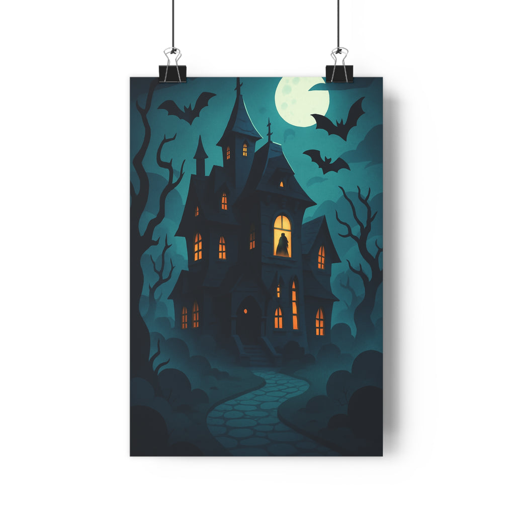 Poster décoratif maison hantée bleu nuit orange cartoon mystique chambre enfant silhouette mystérieuse arbres