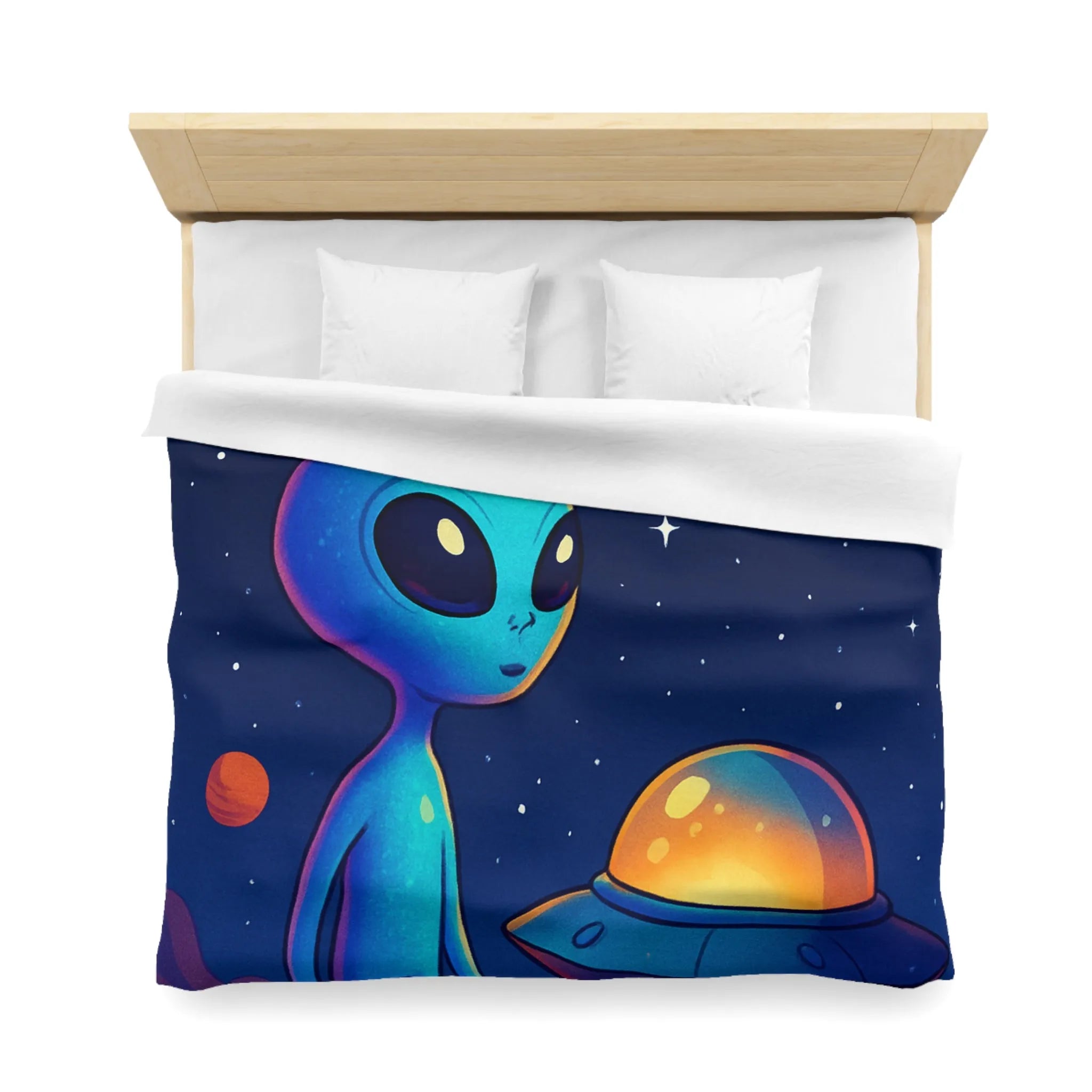 Housse de couette avec motif adorable de petit extraterrestre bleu et soucoupe volante