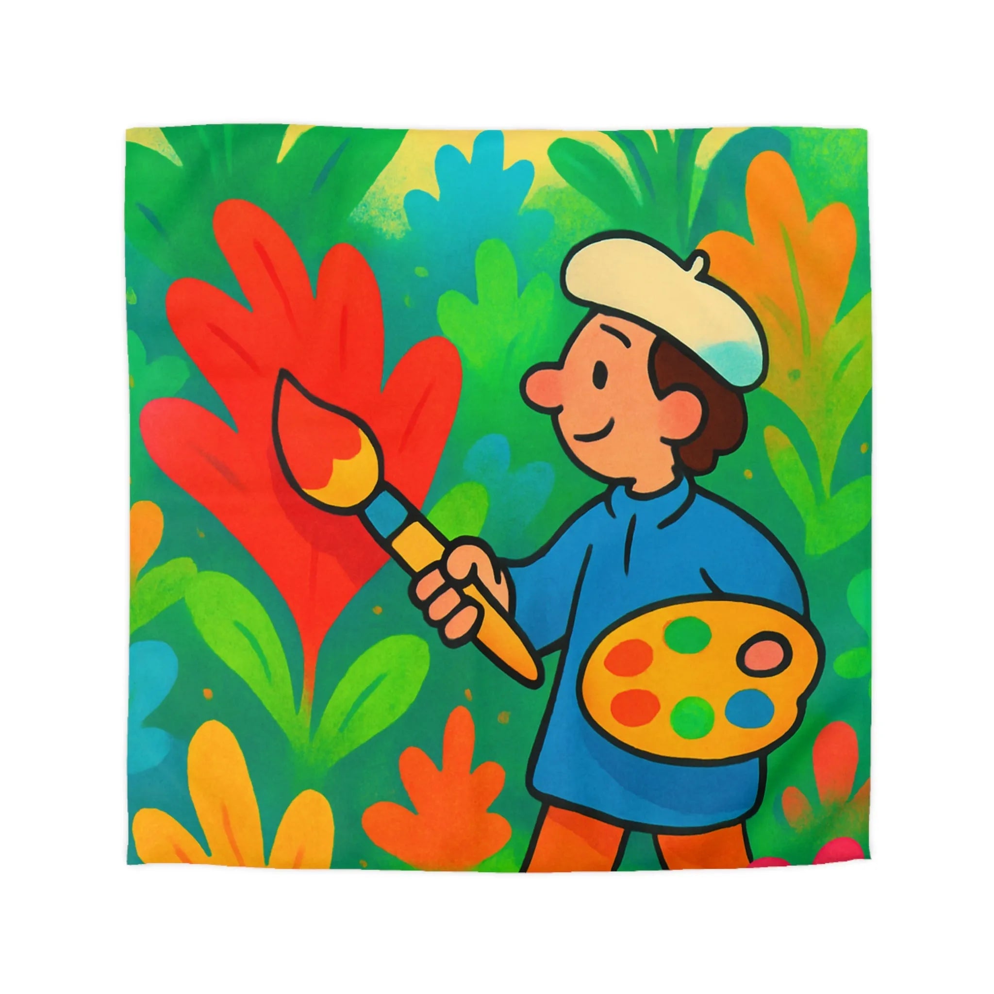 Housse de couette colorée avec artiste et végétation vibrante pour décoration joyeuse