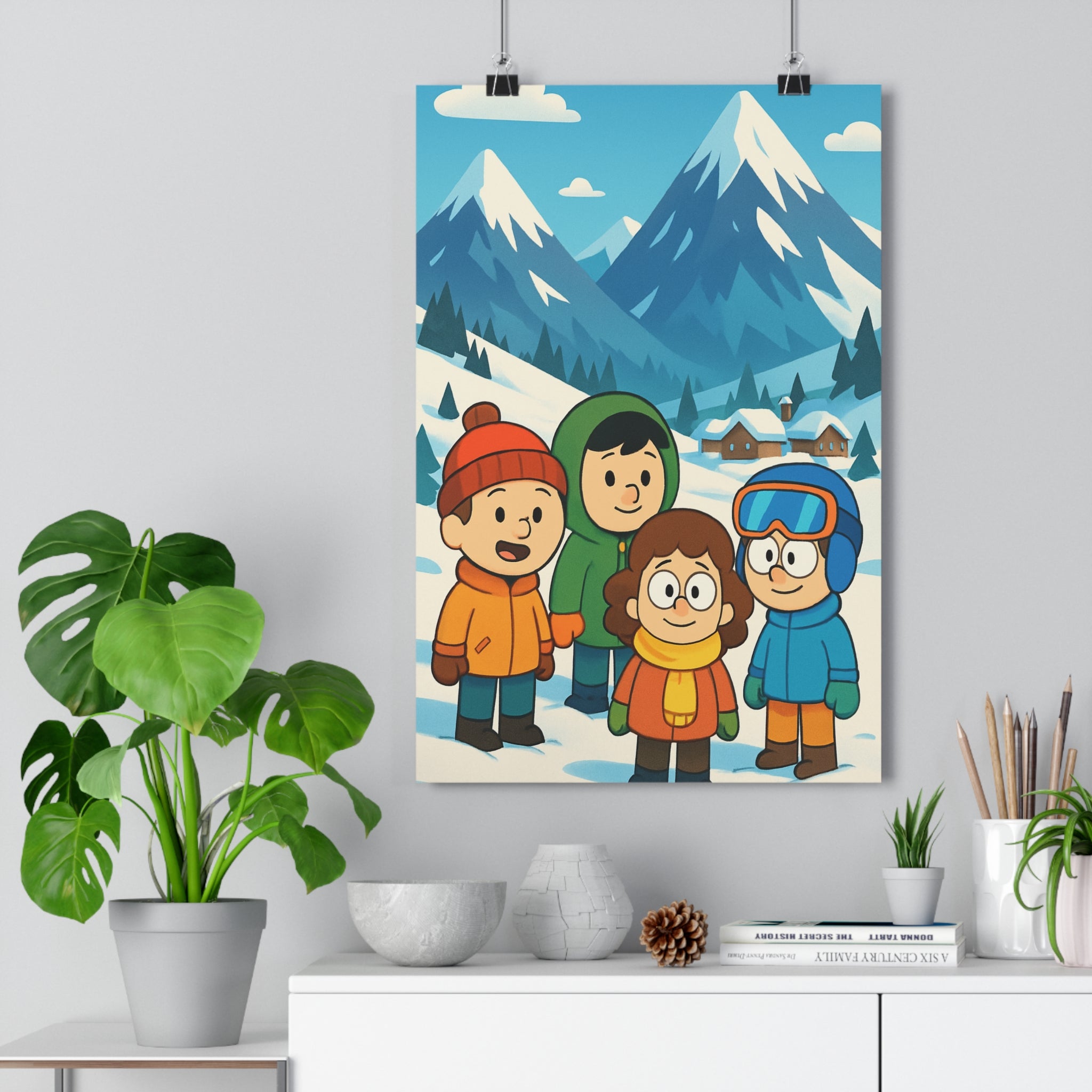 Poster décoratif cartoon joyeux enfants hiver montagne alpine chambre salon coloré amusant paysage qualité