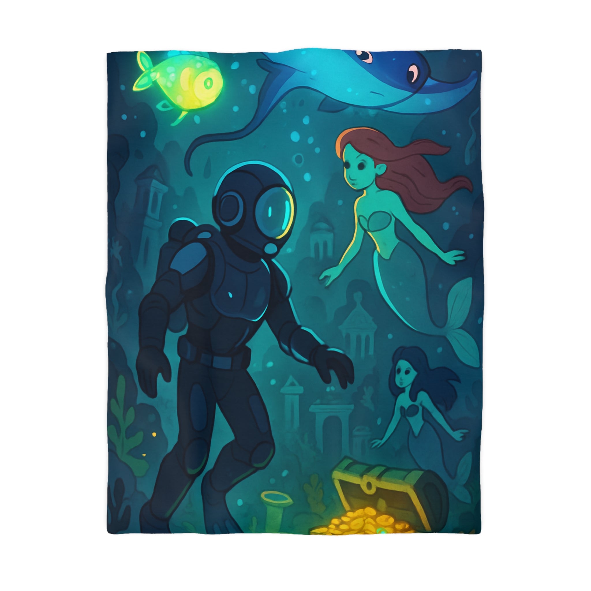 Housse de couette sirène océan magique avec plongeur et trésor lumineux