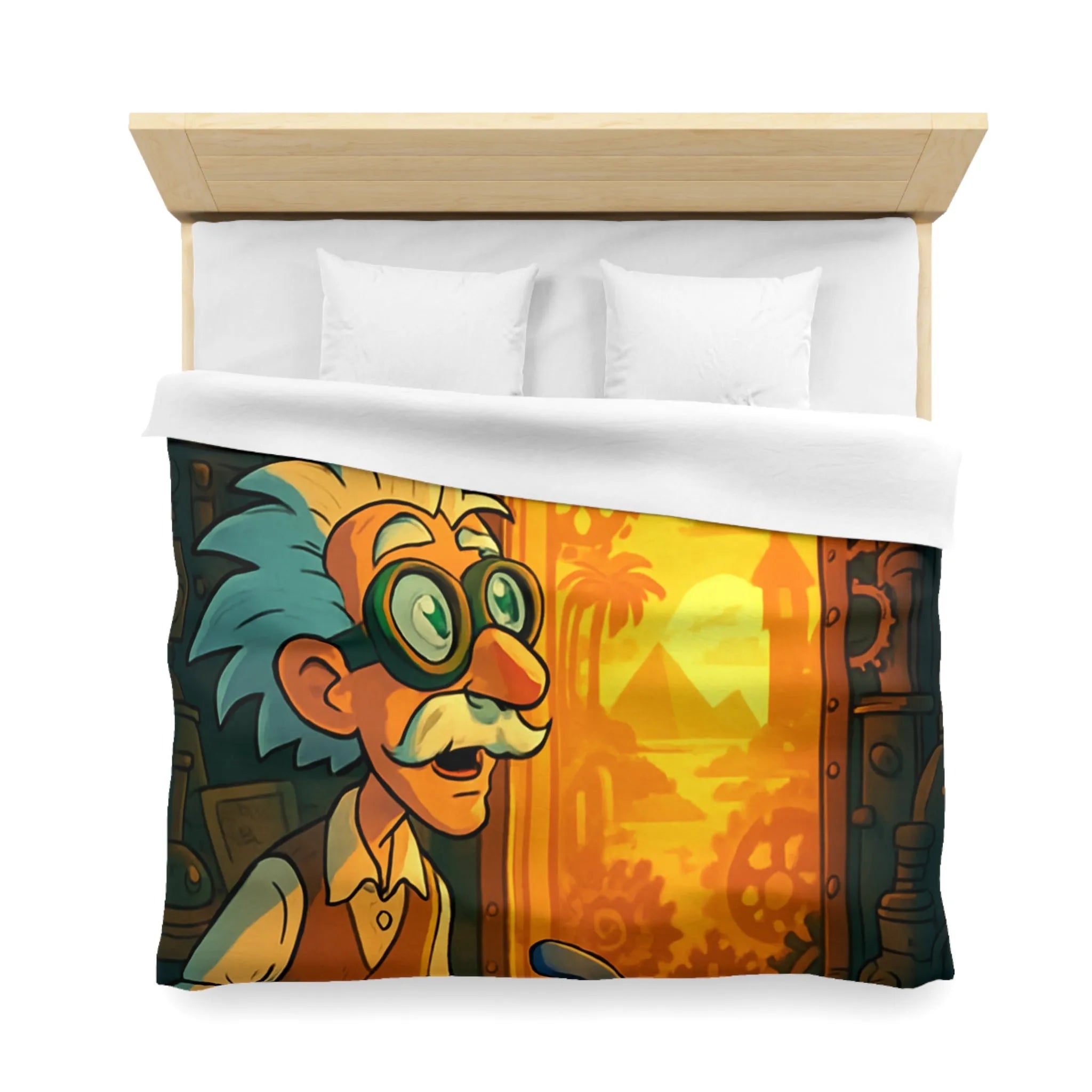 Housse de couette avec professeur inventeur et porte mystérieuse aux teintes orangées