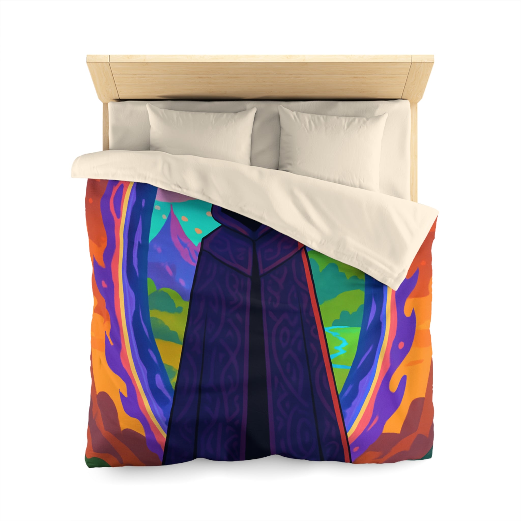 Mystérieux paysage enchanté avec mage en robe près du portail vibrant coloré