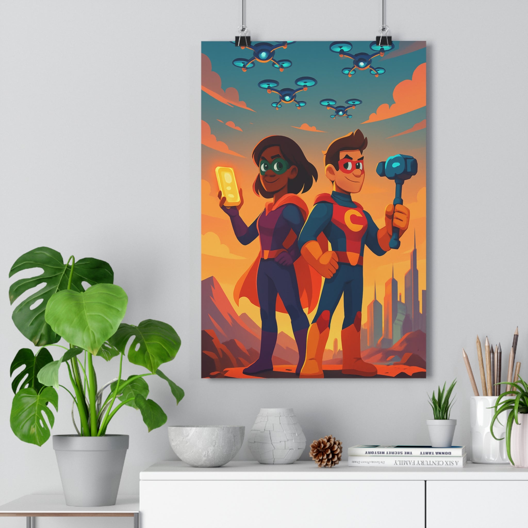 Poster décoratif cartoon coloré action aventure superhéros moderne chambre salon orange rose dynamique ambiance